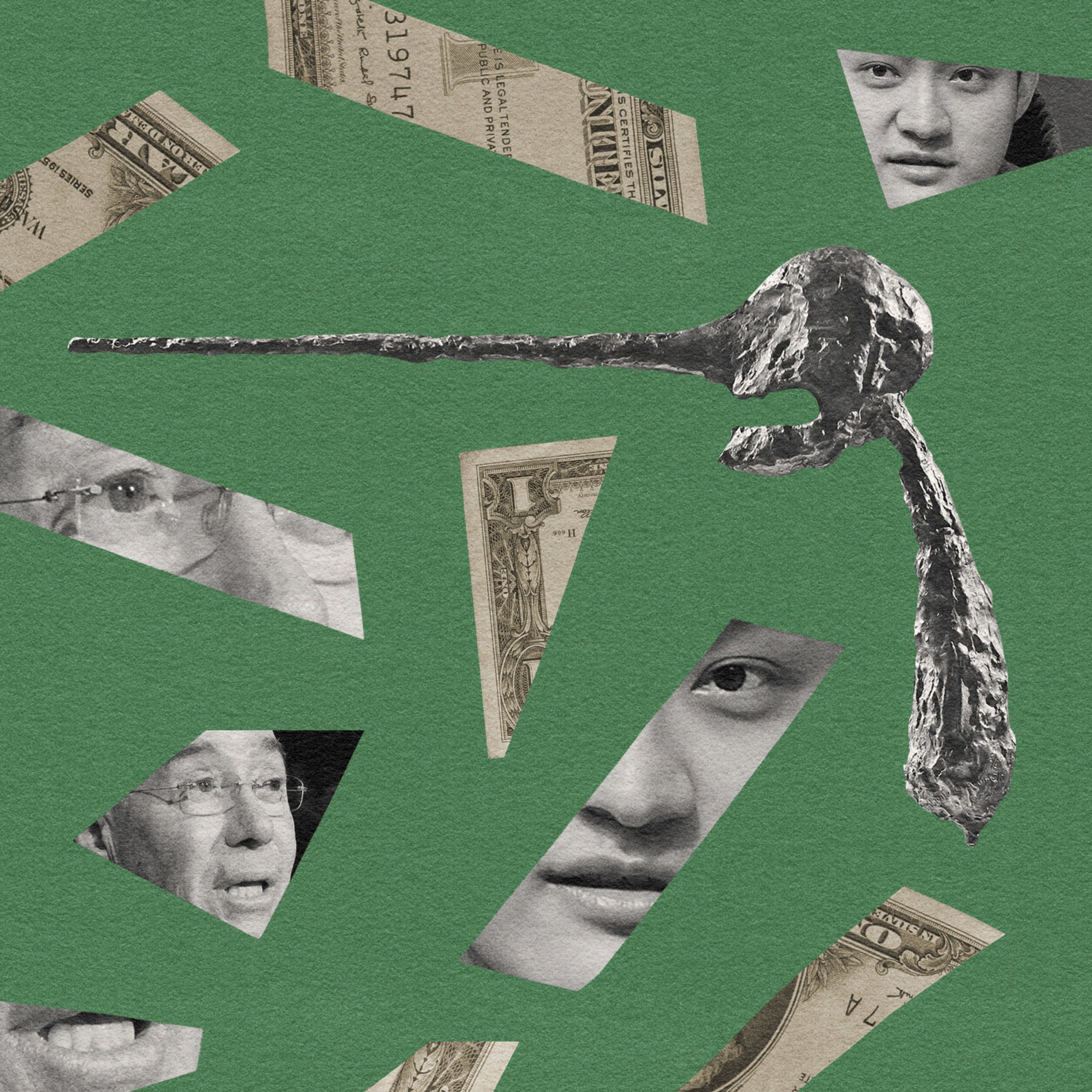 A collage of ripped money, photos, and a statue