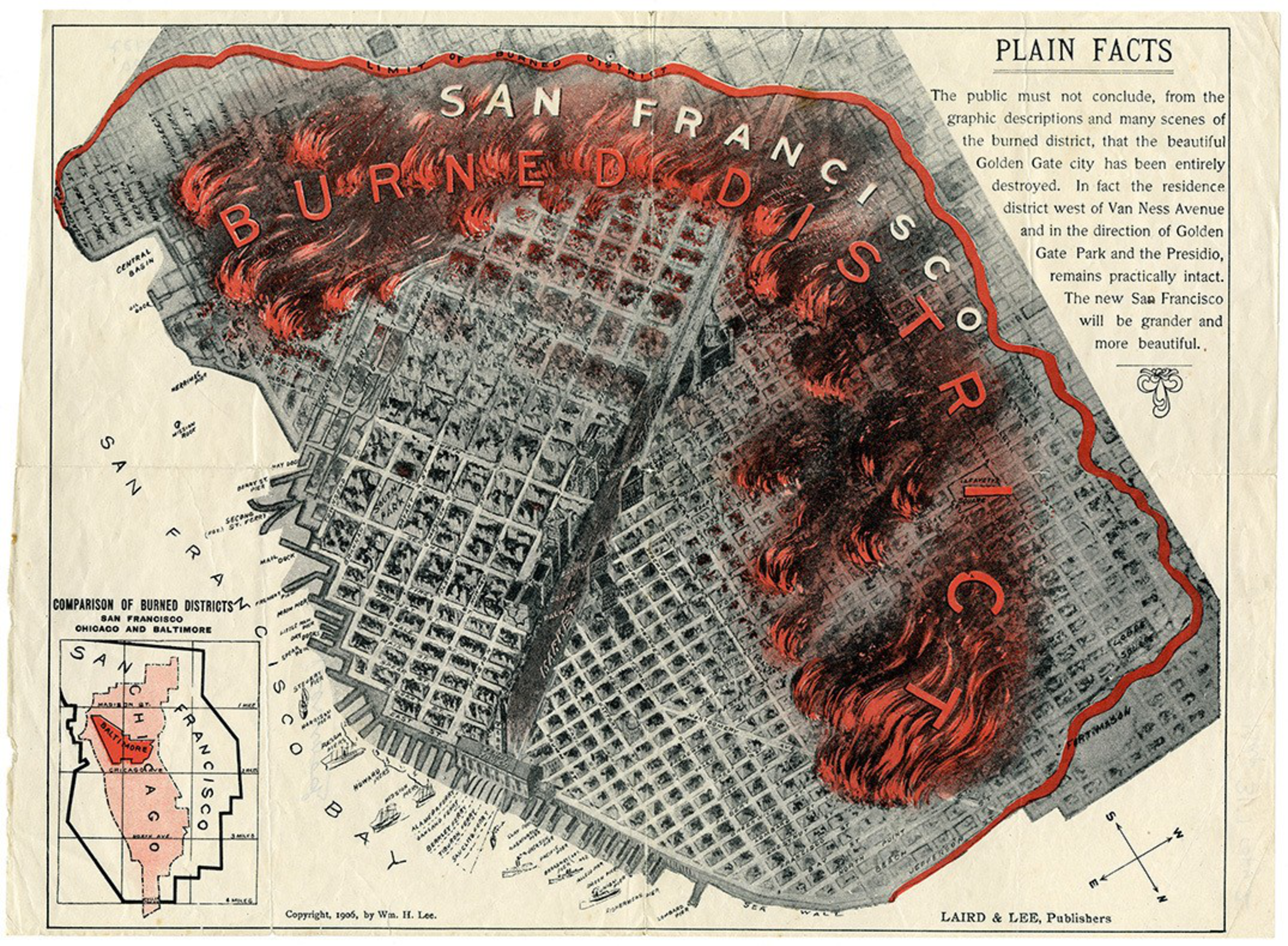 A map of San Francisco highlights a large crescent-shaped burned district with red flames and the words "BURNED DISTRICT" across it.