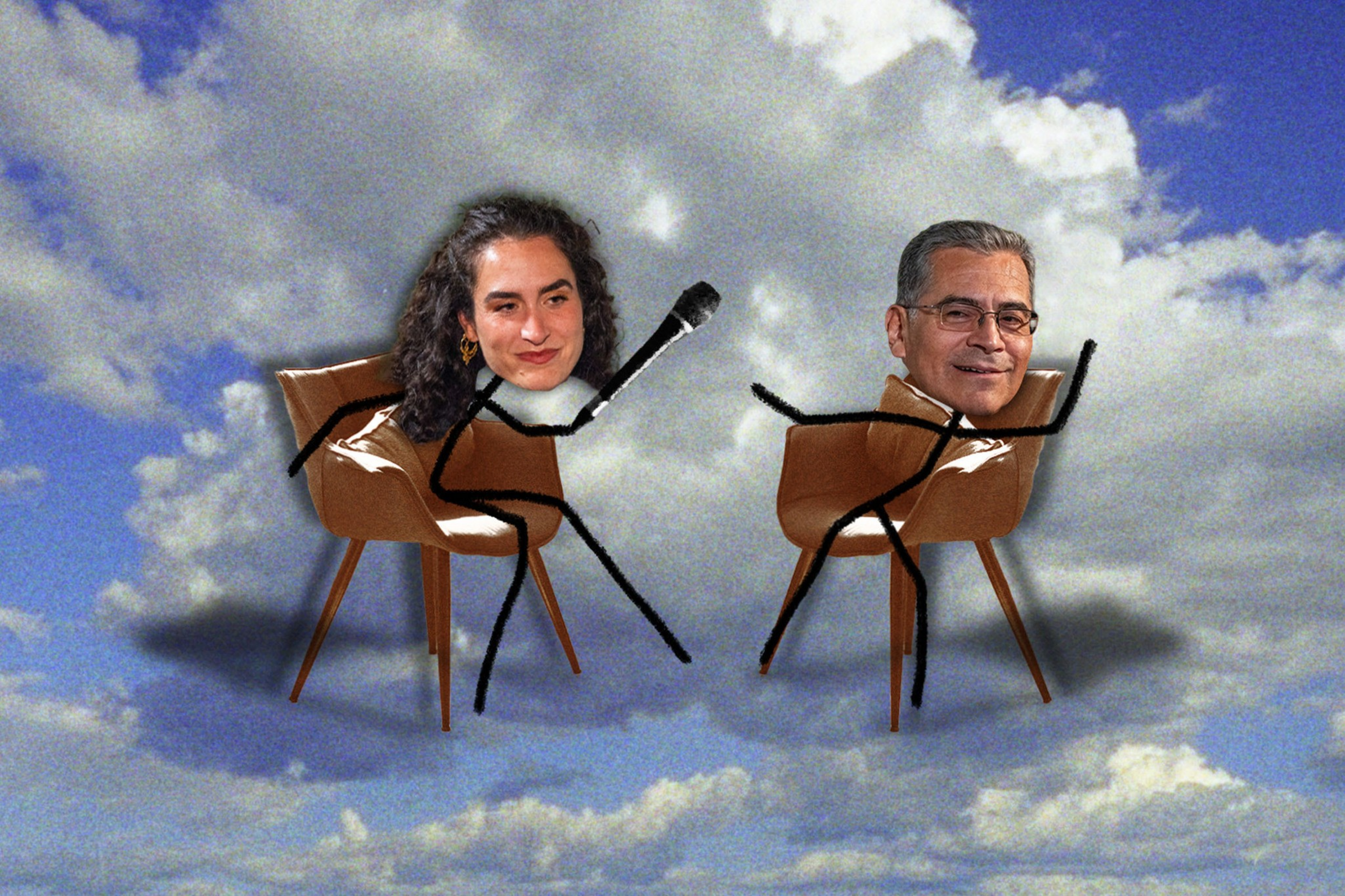 Two stick figures with human faces sit on brown chairs floating among clouds under a blue sky; one raises an arm as if waving.