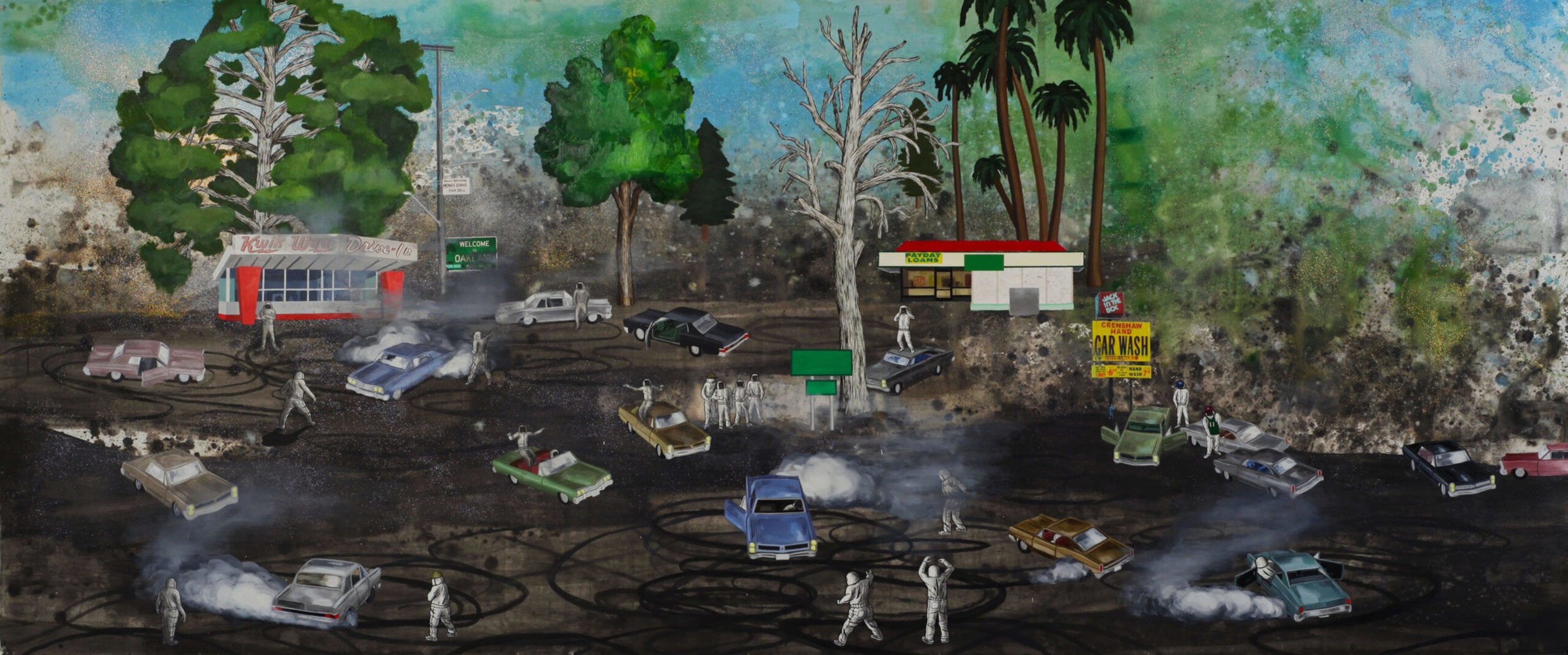 Several cars perform drifting maneuvers, leaving tire marks and smoke, while white-suited figures watch and interact near two small buildings surrounded by large trees.