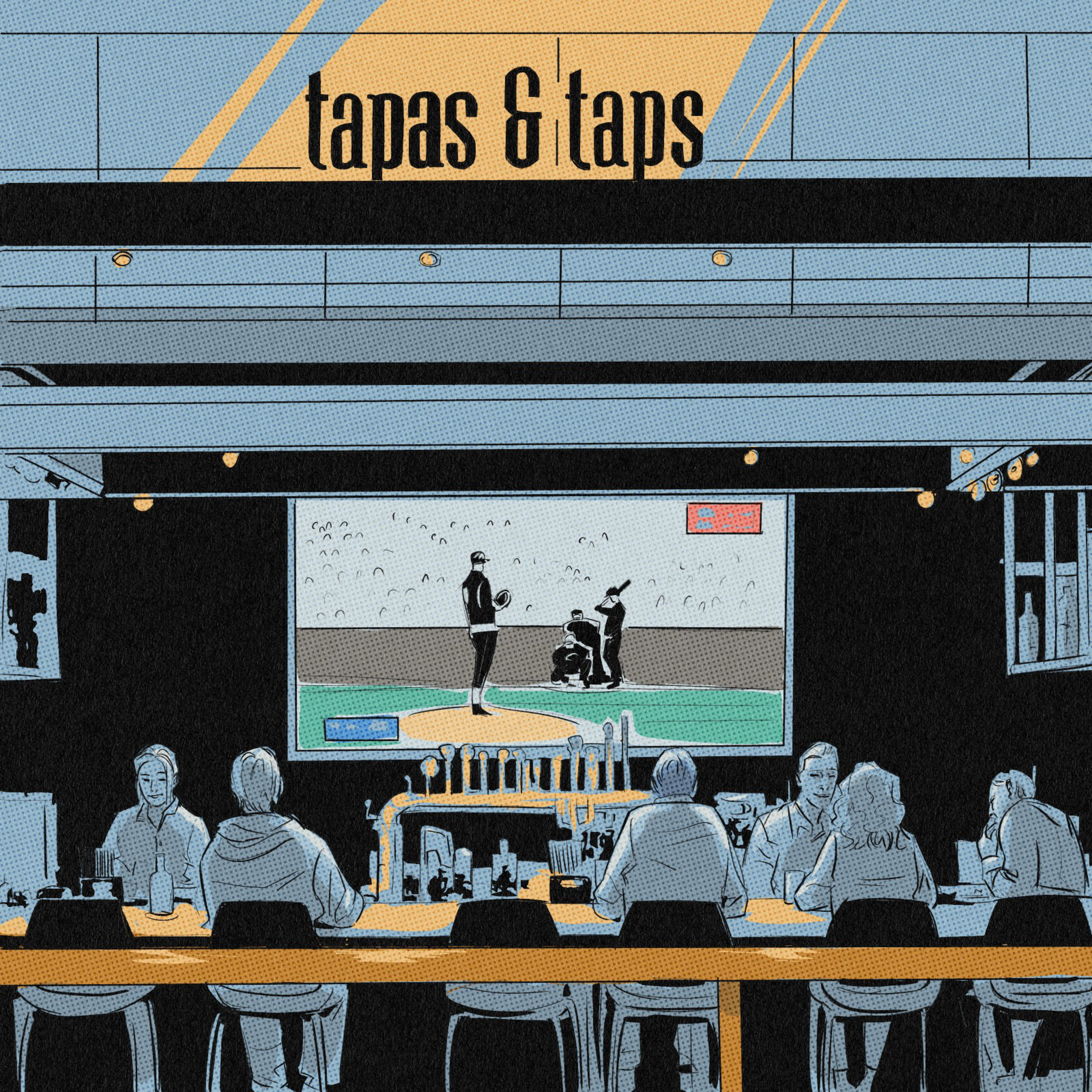 A bar named “tapas & taps” has patrons seated at the counter watching a baseball game on a large screen behind the beer taps.