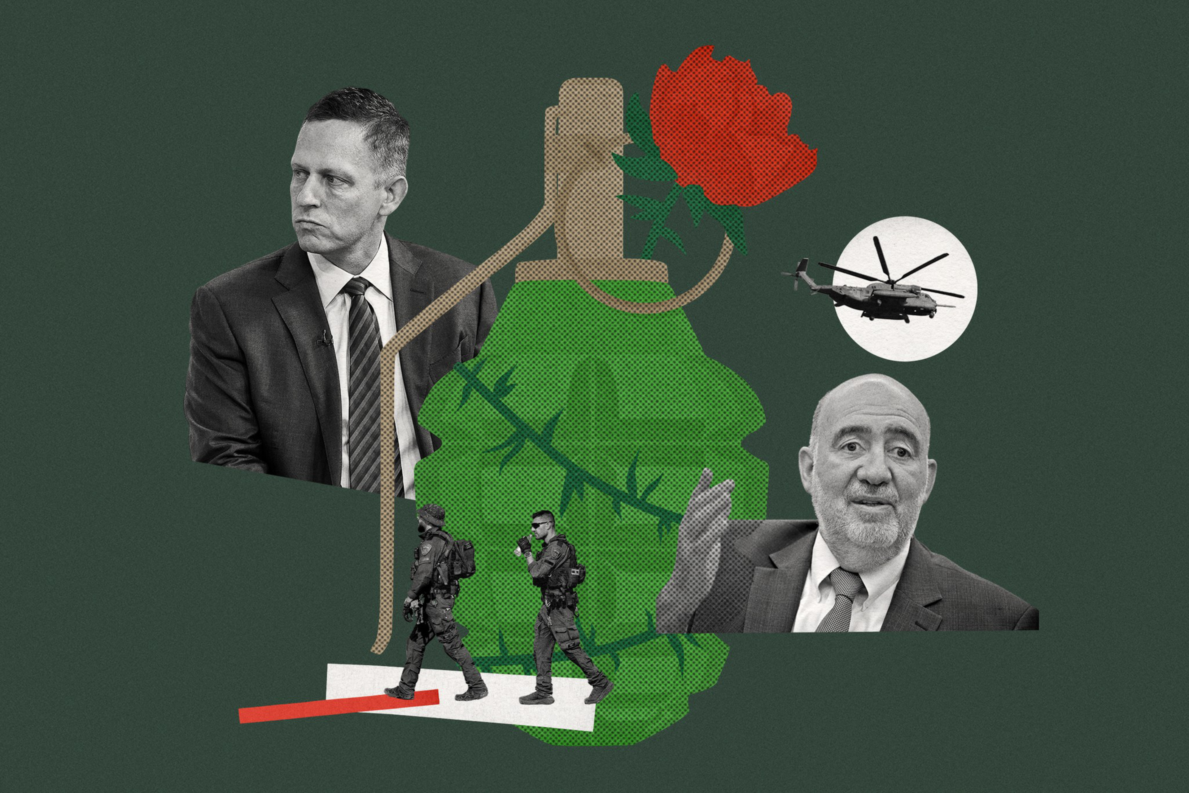 A green grenade with a red rose on its pin is surrounded by two men in suits, two soldiers walking, and a helicopter near a full white circle.