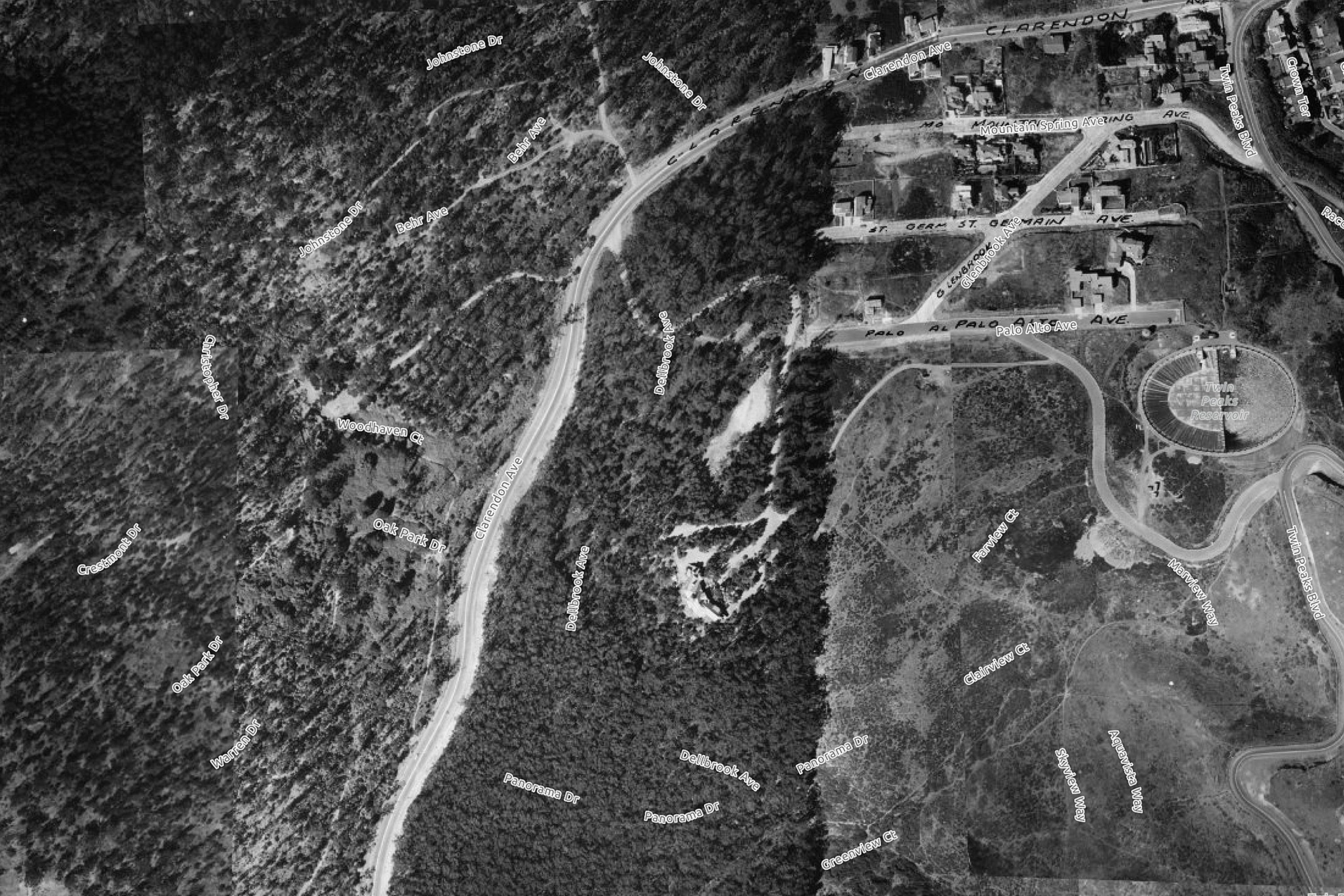 An aerial view of the sparsely populated area around Twin Peaks and Clarendon Ave. in San Francisco in 1938