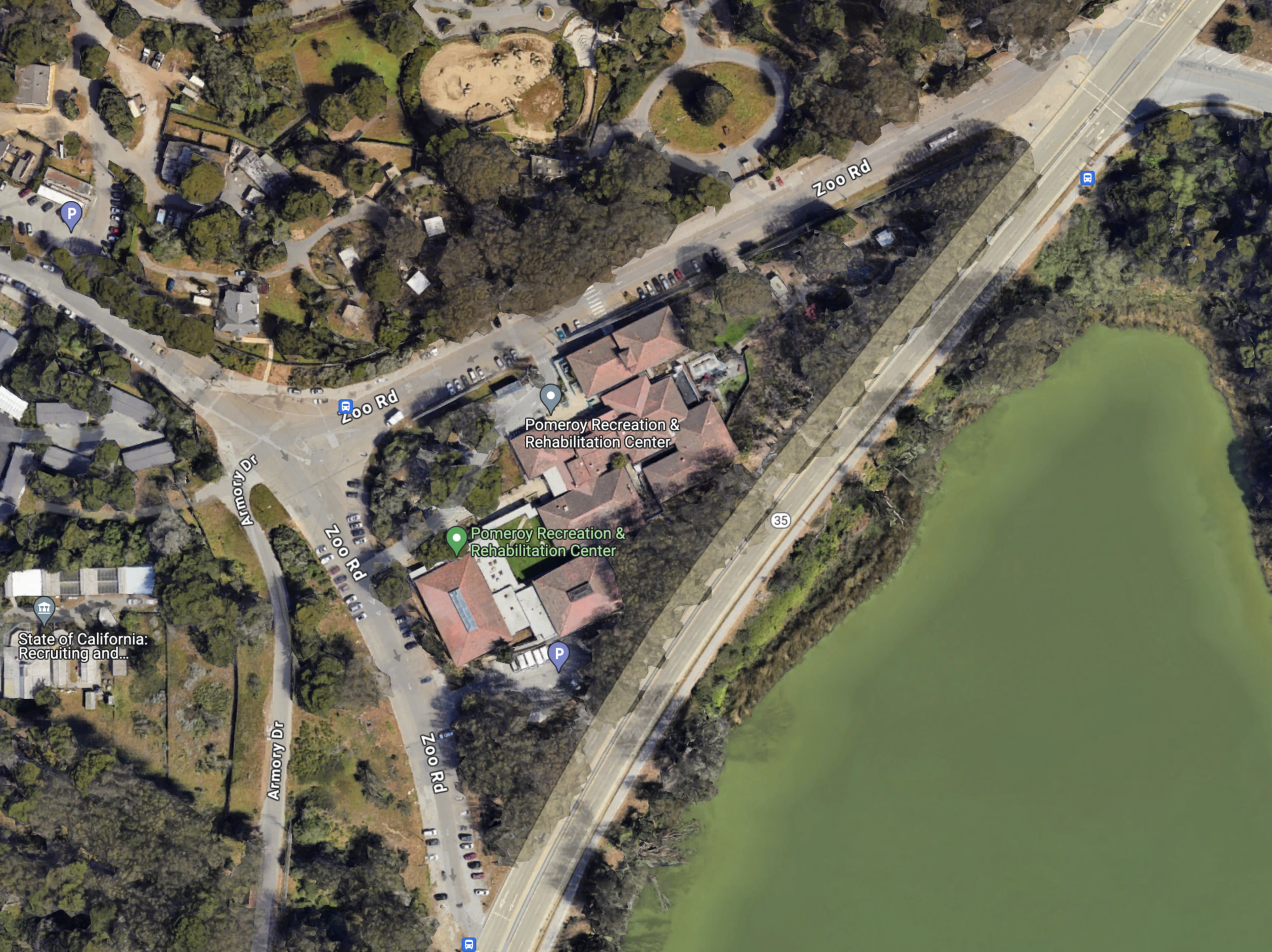 This is a Google aerial view of Zoo Road, where the RVs from Winston Drive are currently parked next to Pomeroy Recreation &amp; Rehabilitation Center.