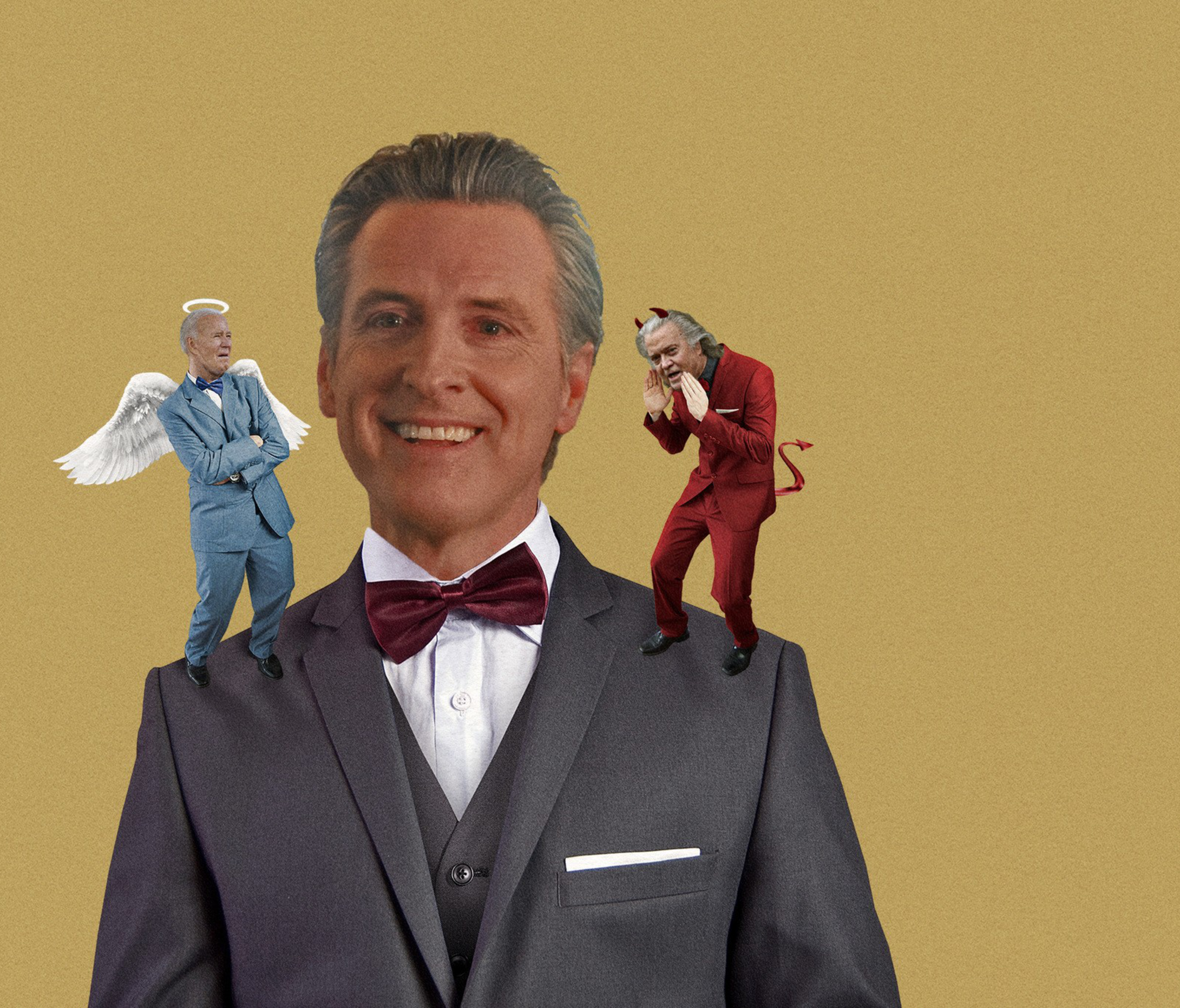 A photo of a man smiling with a devil and angel on either shoulder