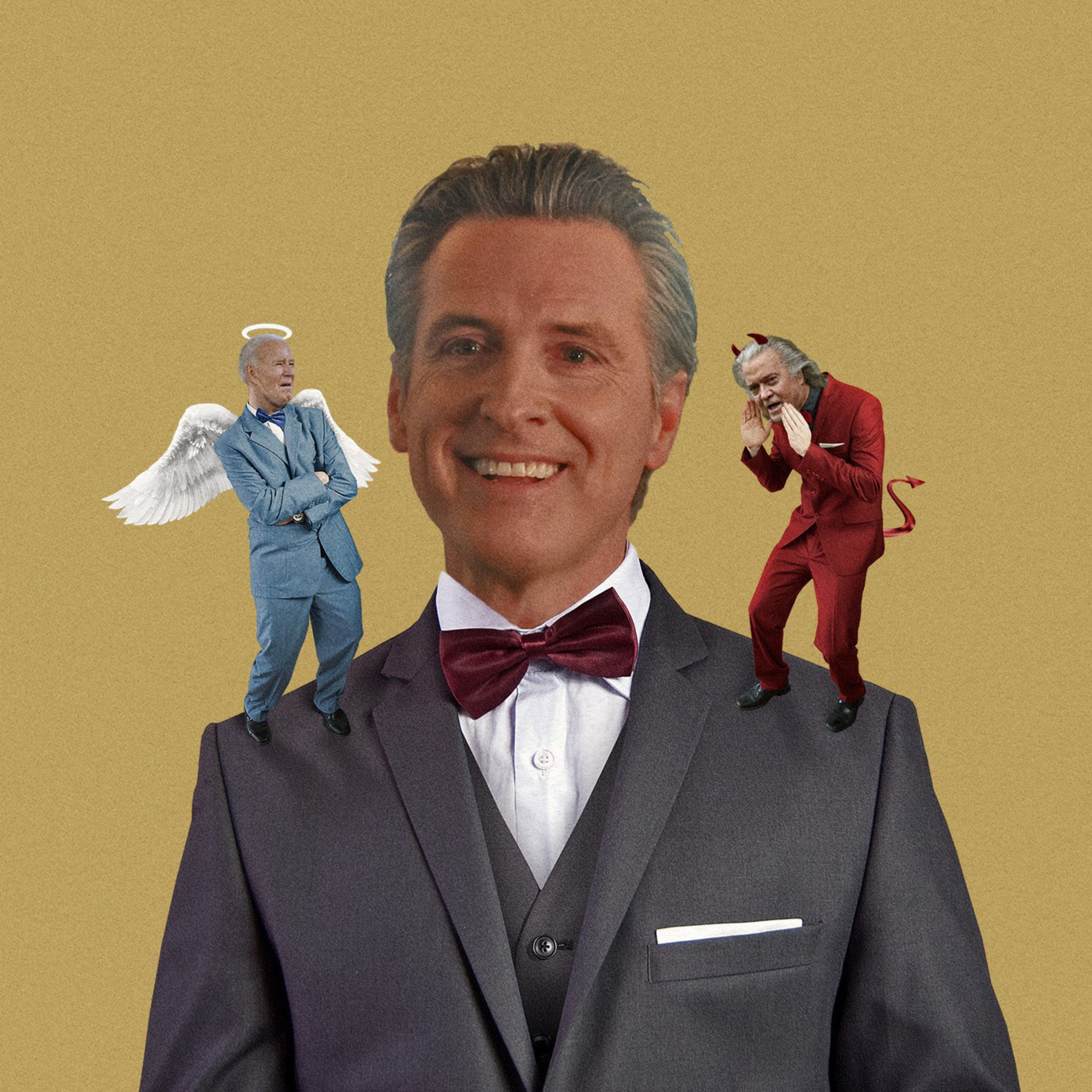 A photo of a man smiling with a devil and angel on either shoulder