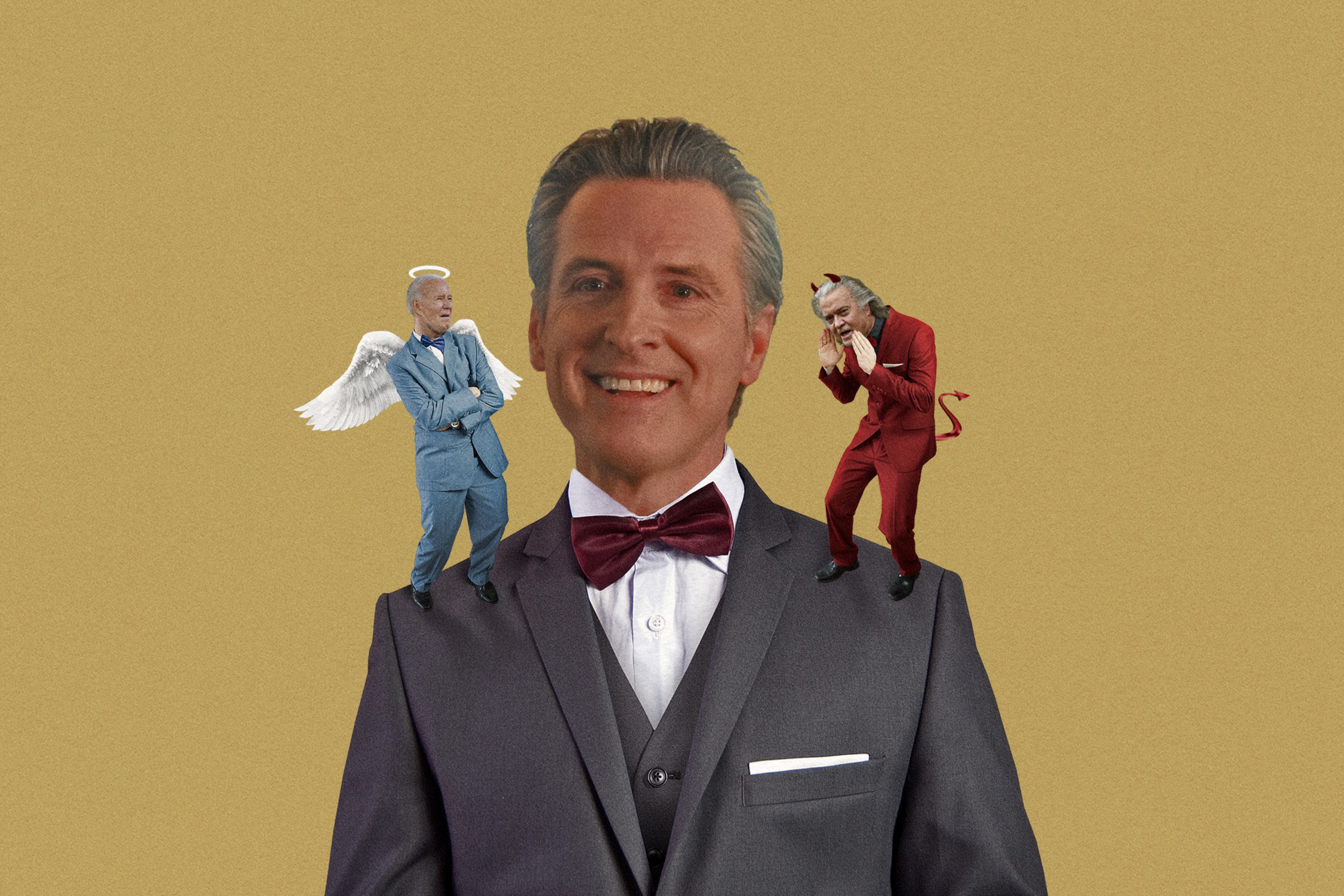 A photo of a man smiling with a devil and angel on either shoulder