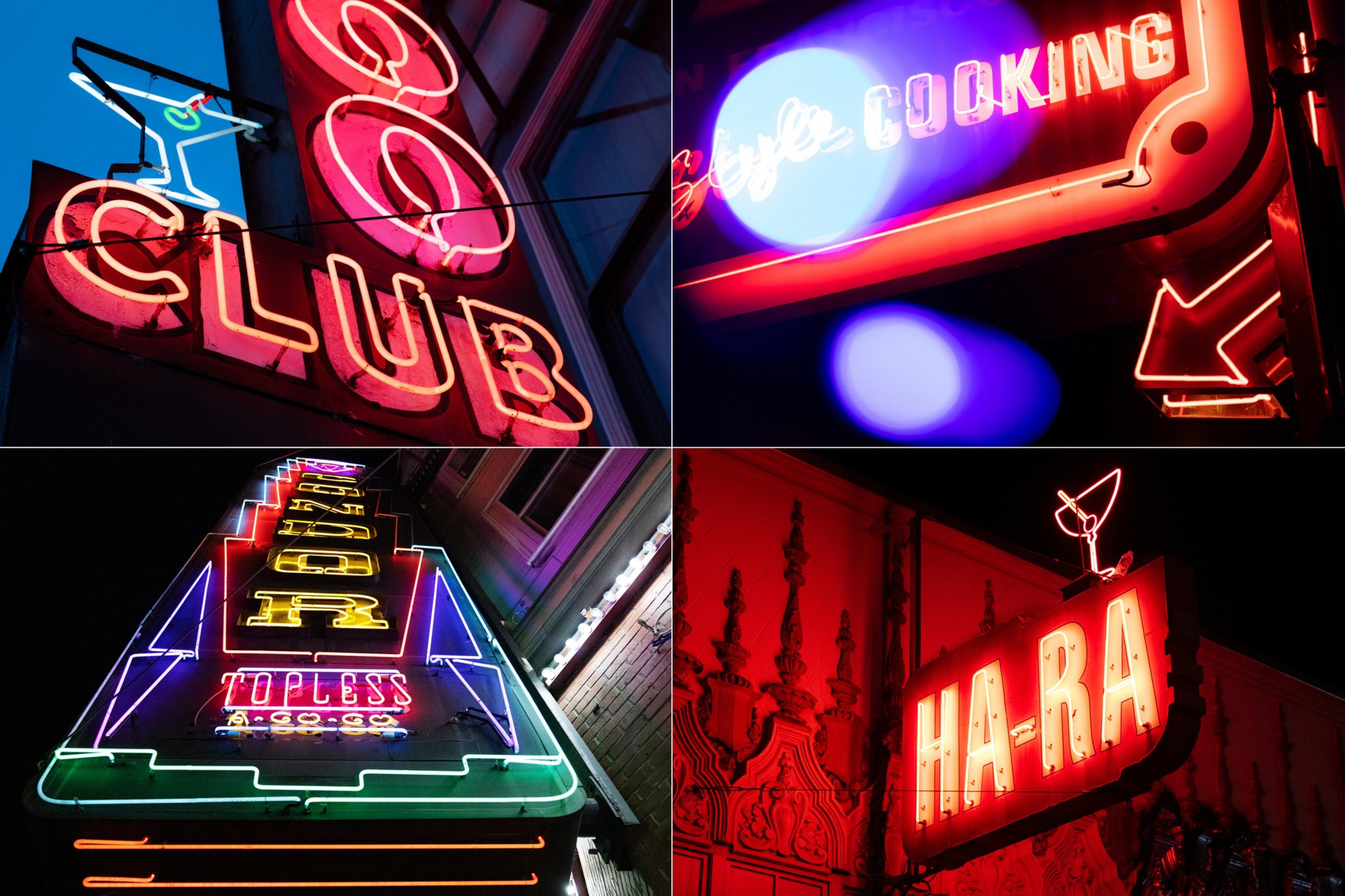 A grid of 4 pictures of neon signage of a neon sign that reads Club with a detail of a cocktail, an arrow with thre words "COOKING", the words "HA-RA" with a cocktail above it and the works "TOPLESS A GO GO" and "CONDOR" on a tall neon sign.