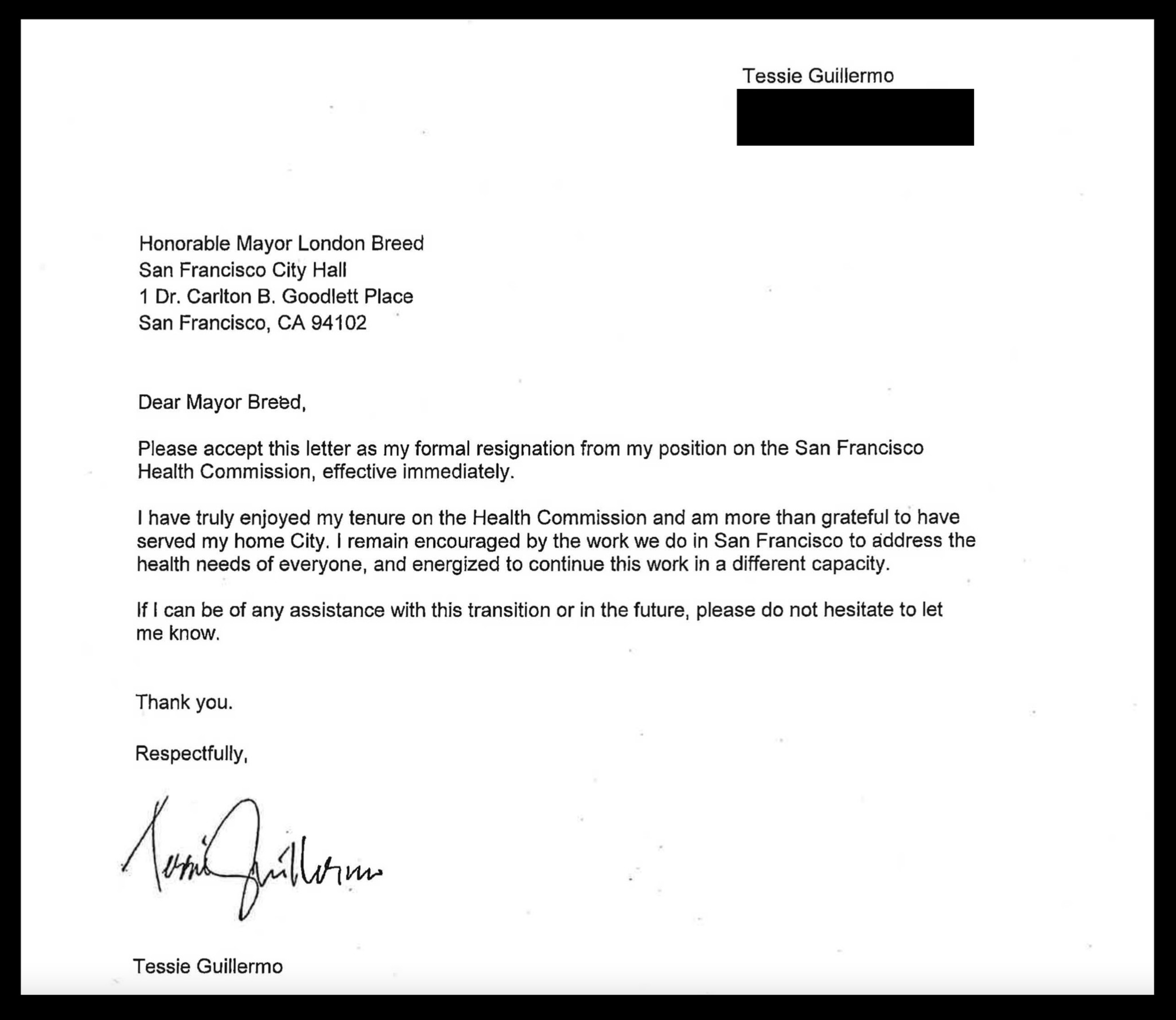 Tessie Guillermo formally resigns from the San Francisco Health Commission, effective immediately, expressing gratitude and willingness to assist in transition.