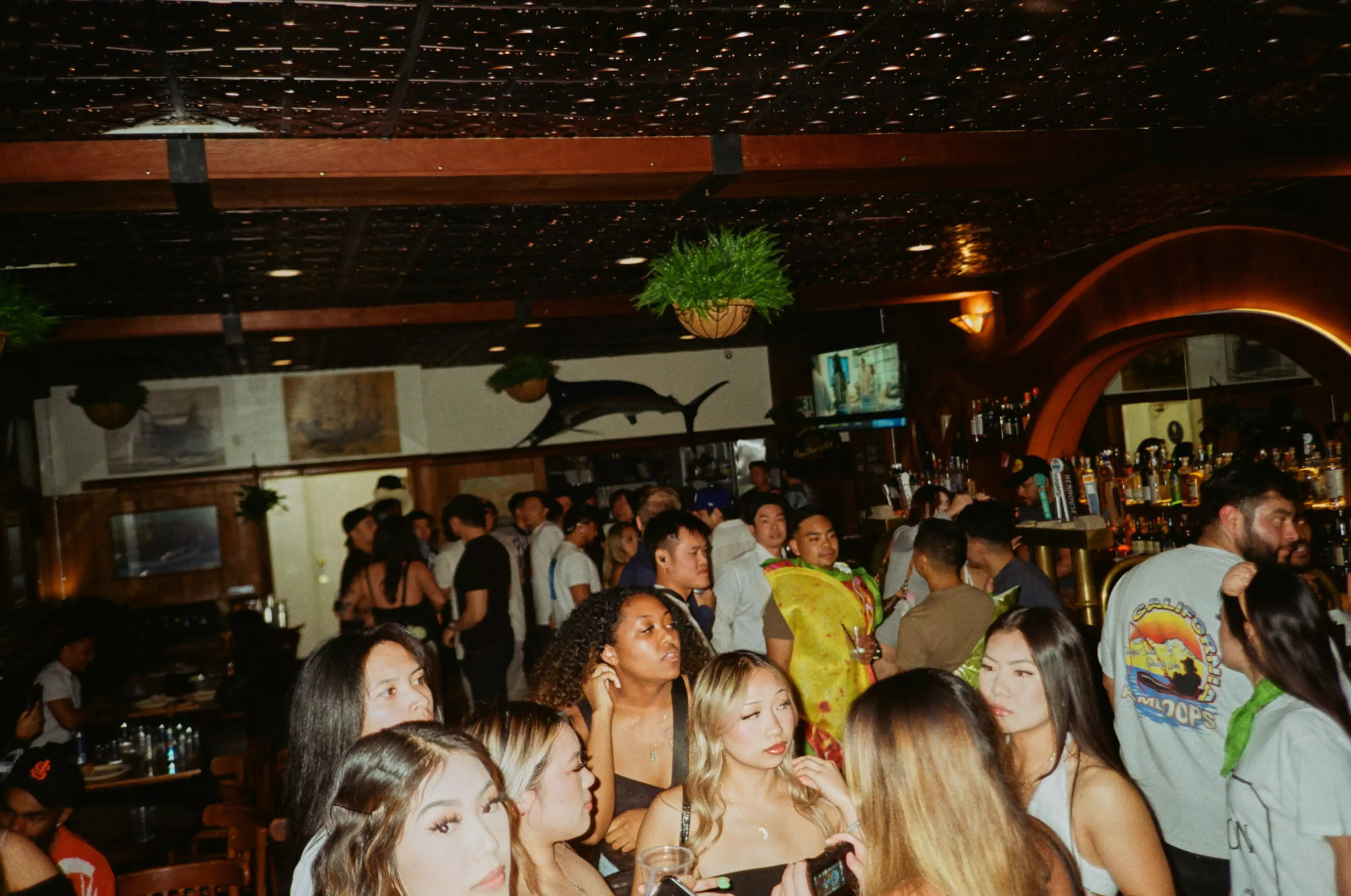 A crowded bar with diverse patrons talking and holding drinks, dim lighting, hanging plants, wooden accents, and a mounted fish on the wall.