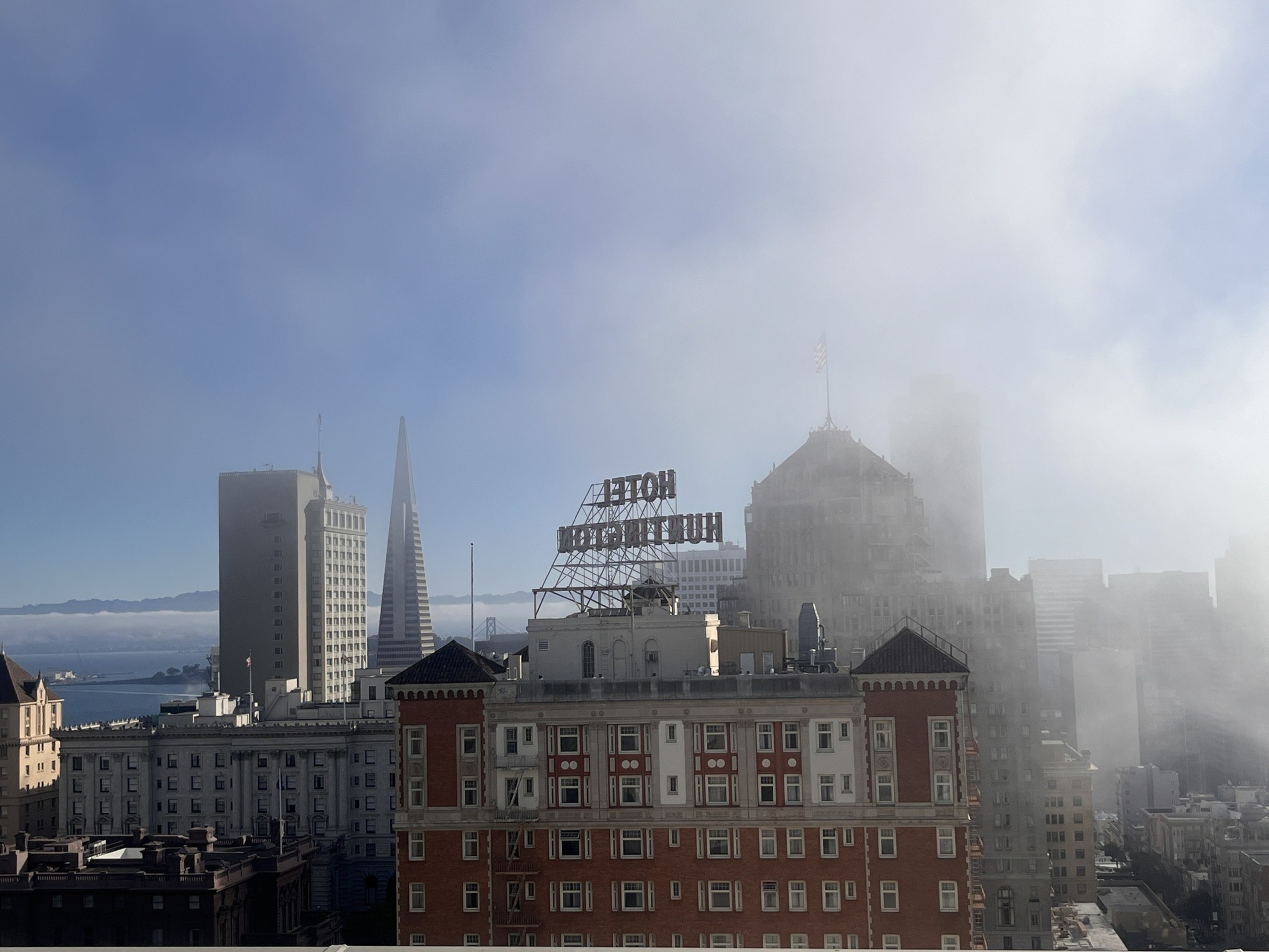 Dense fog was visible Sunday morning in San Francisco, but expected to clear in time for the final day of Fleet Week San Francisco's air show Sunday afternoon.