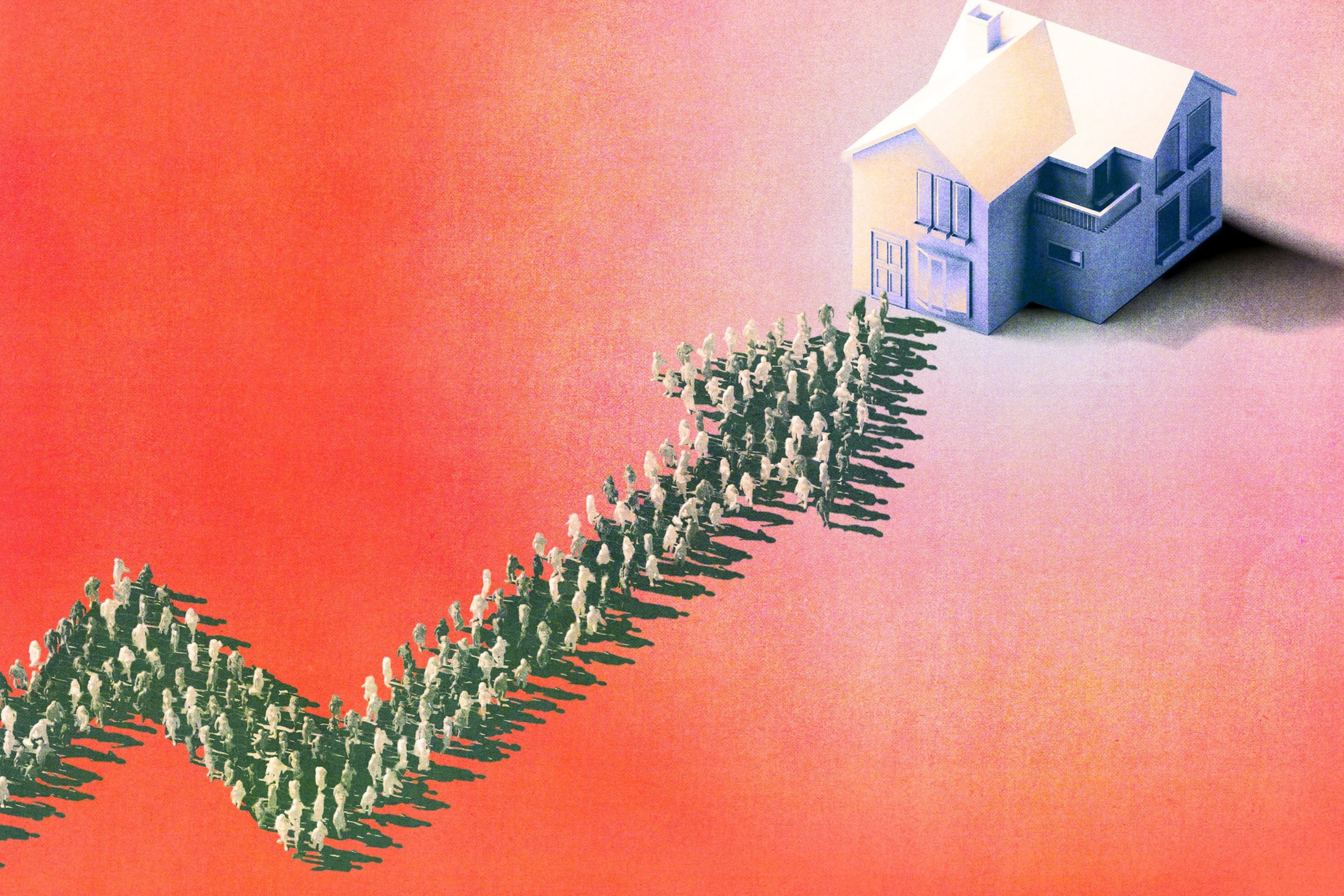 A group of people forms an upward arrow shape pointing towards a large house on a pink background.