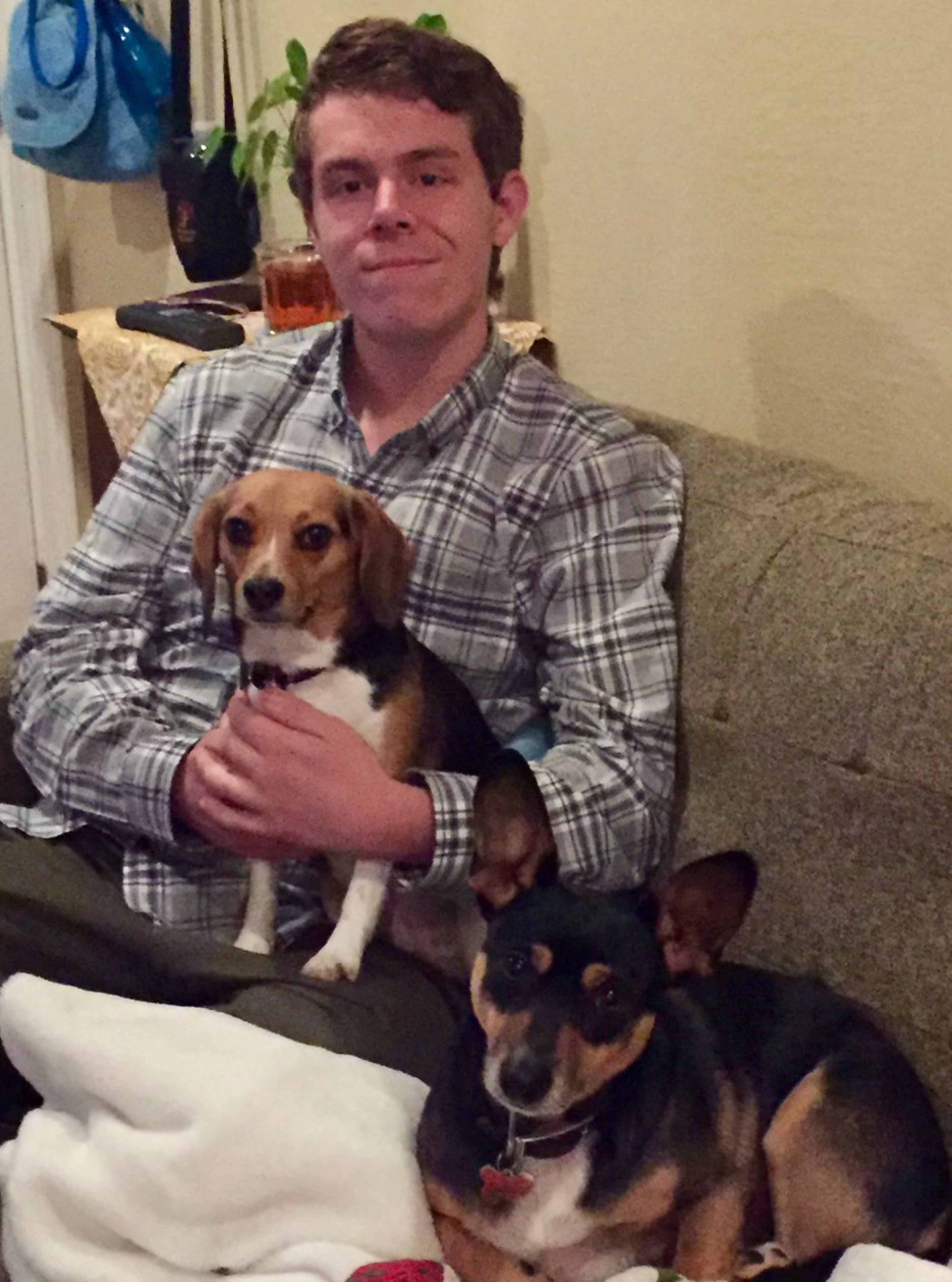 A man in a plaid shirt sits on a couch with one small dog on his lap and another lying beside him. A blanket is visible, and there's a drink on a side table.