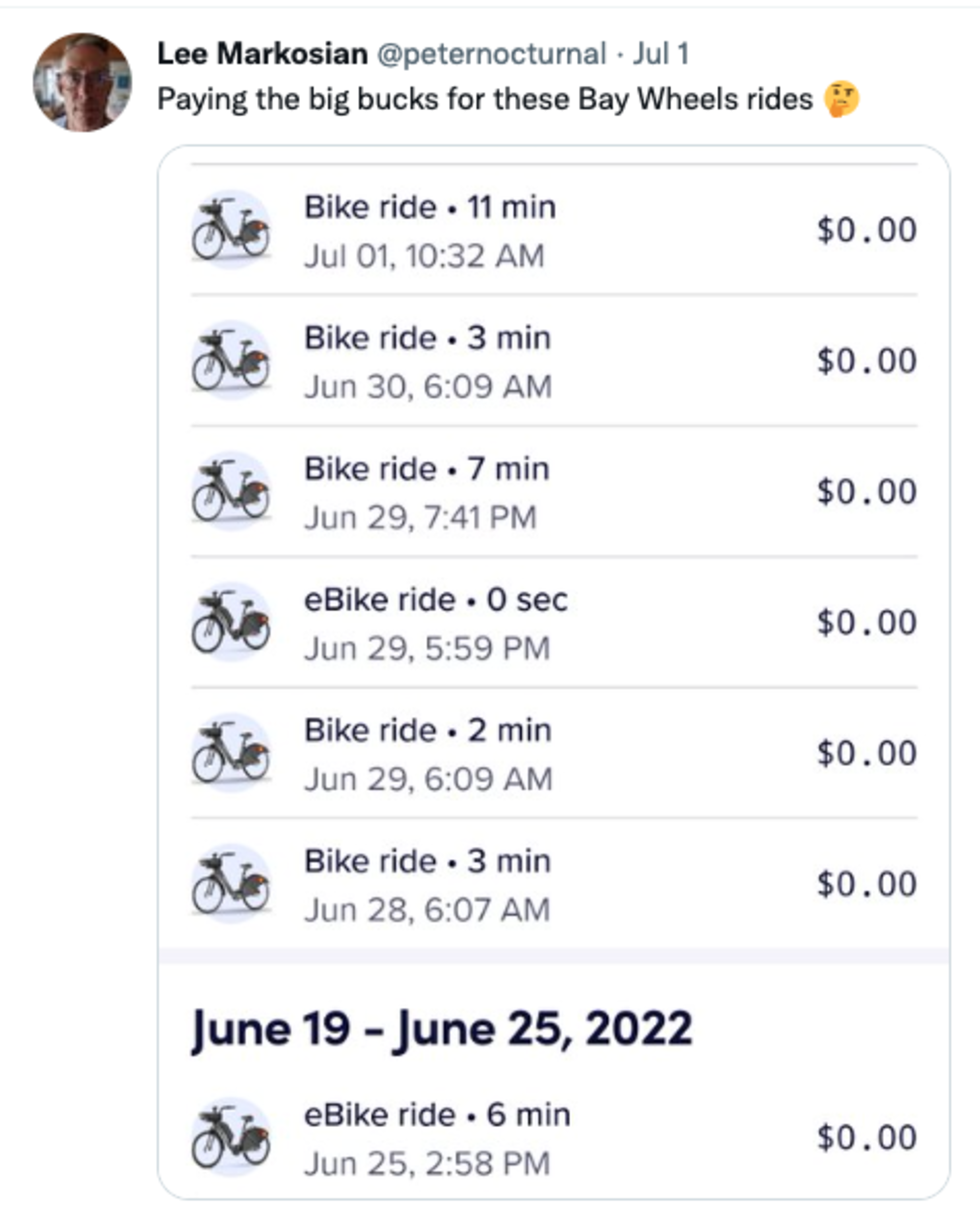 Multiple Bay Wheels bike rides and eBike rides between June 25 and July 1, 2022, all listed as free with durations from 0 to 11 minutes.