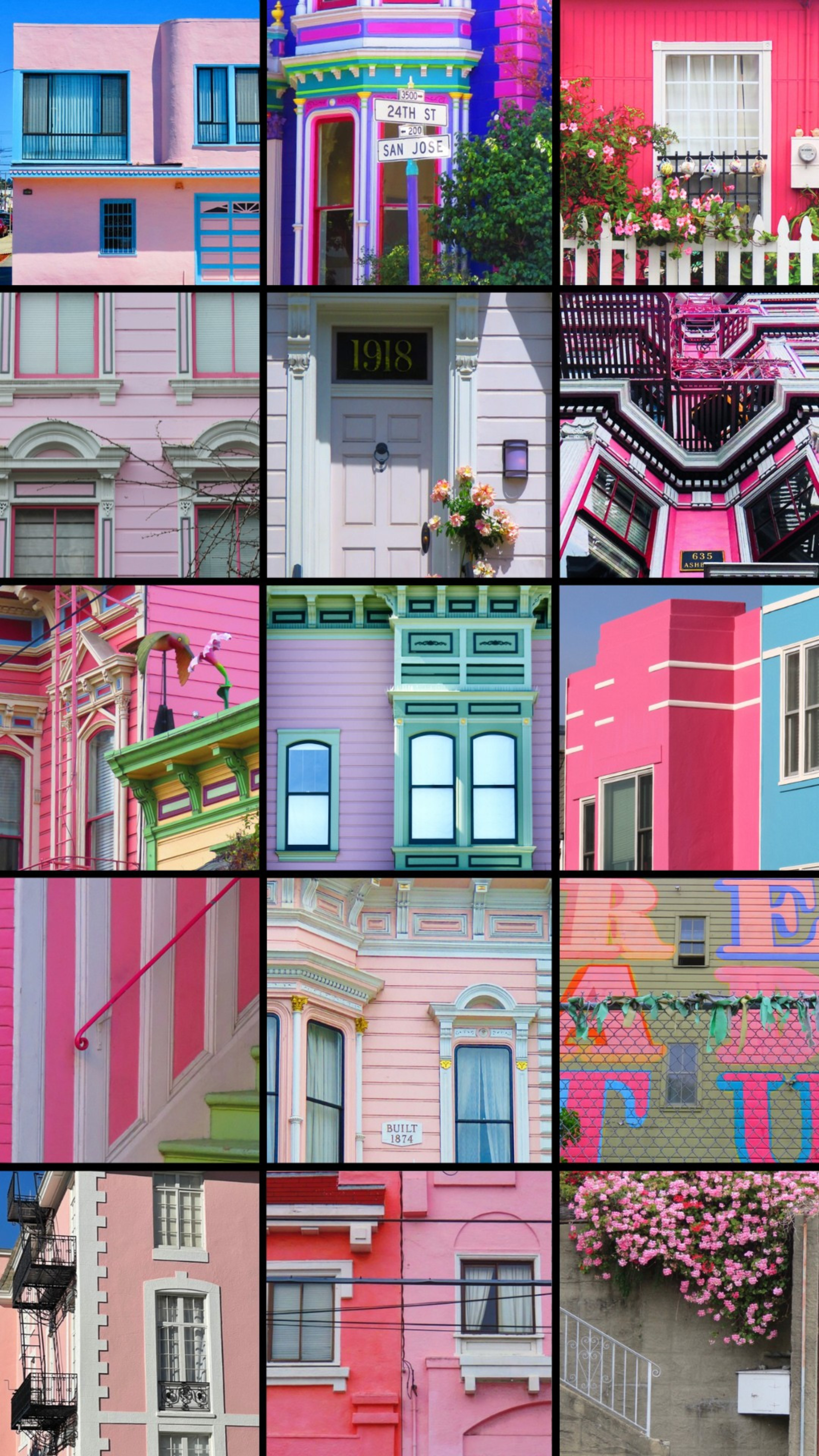A collage of vibrant, colorful buildings, mostly pink and purple, featuring ornate facades, windows, and architectural details with flowers and greenery.