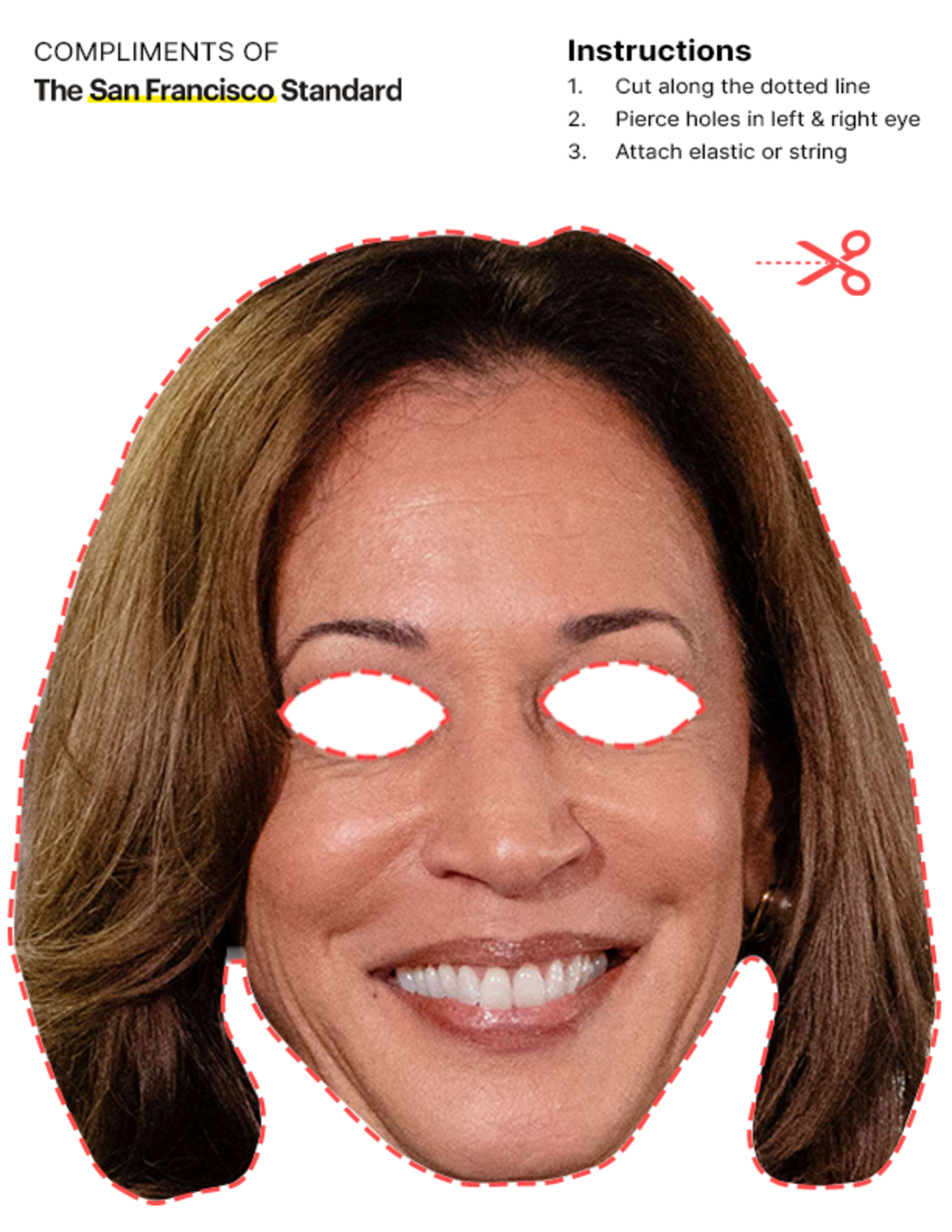 It's a cutout mask of a smiling face with eye holes and instructions for crafting, labeled "Compliments of The San Francisco Standard."