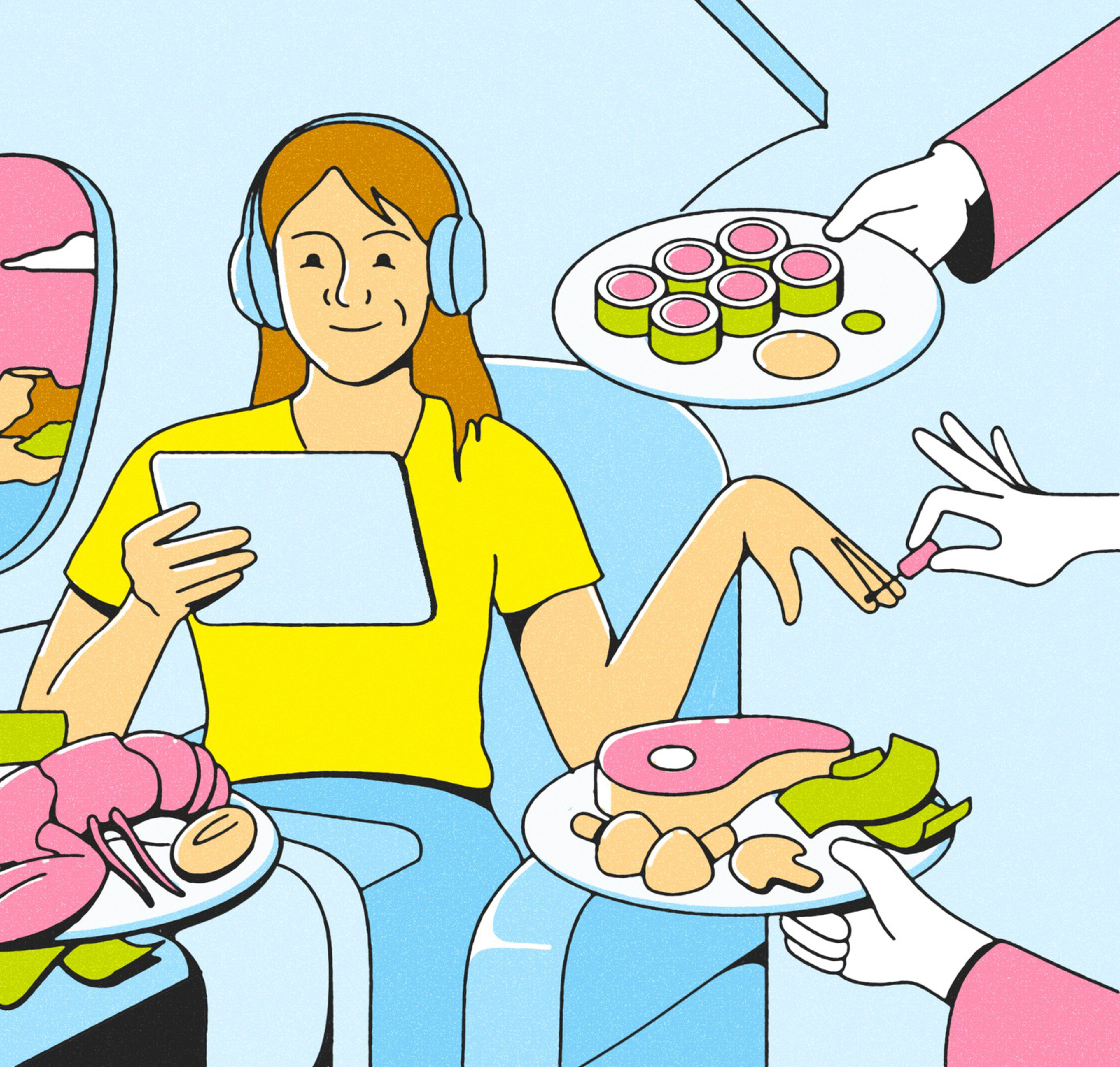 An illustration of a woman getting pampered on a plane