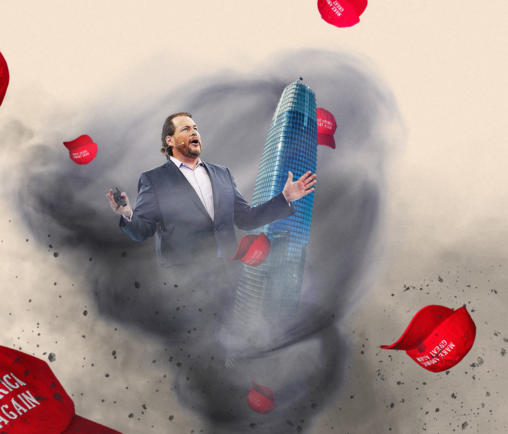 A man and red hats flying inside a tornado.