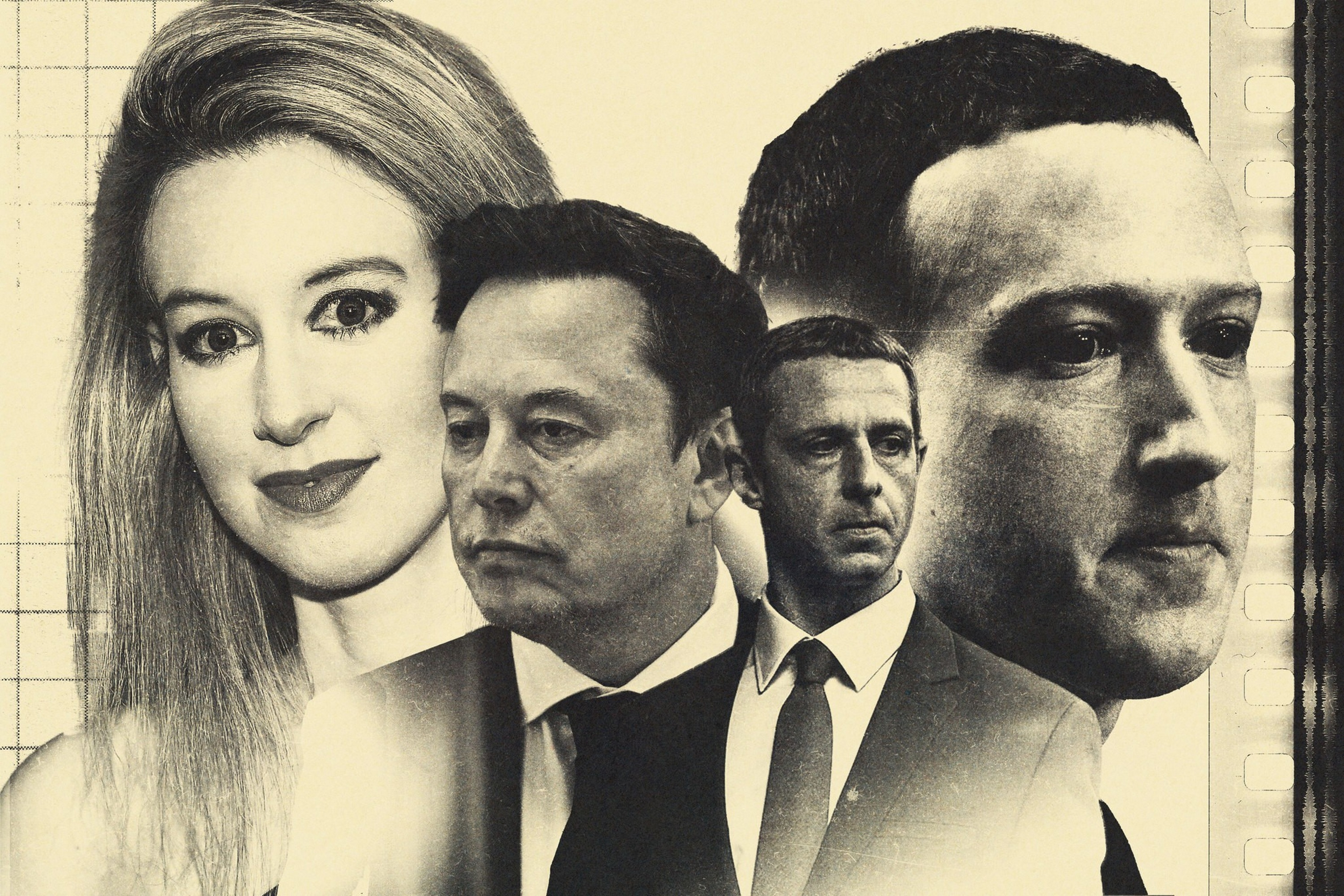 Four prominent tech entrepreneurs appear against a sepia-toned background, with serious and contemplative expressions facing different directions.