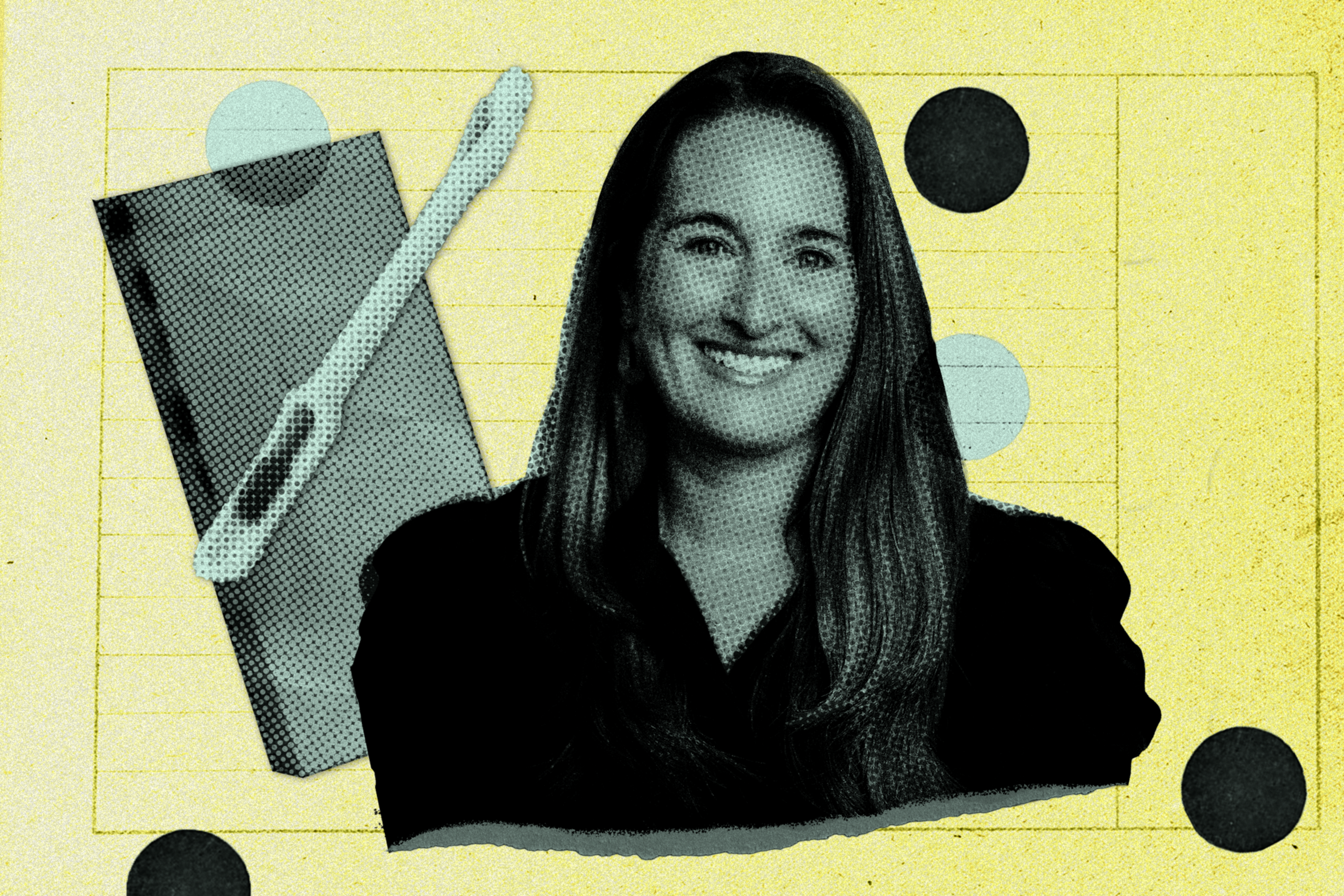 A smiling woman with long hair is shown in black and white over a yellow background with black and light blue circles, a comb, and a rectangular shape.