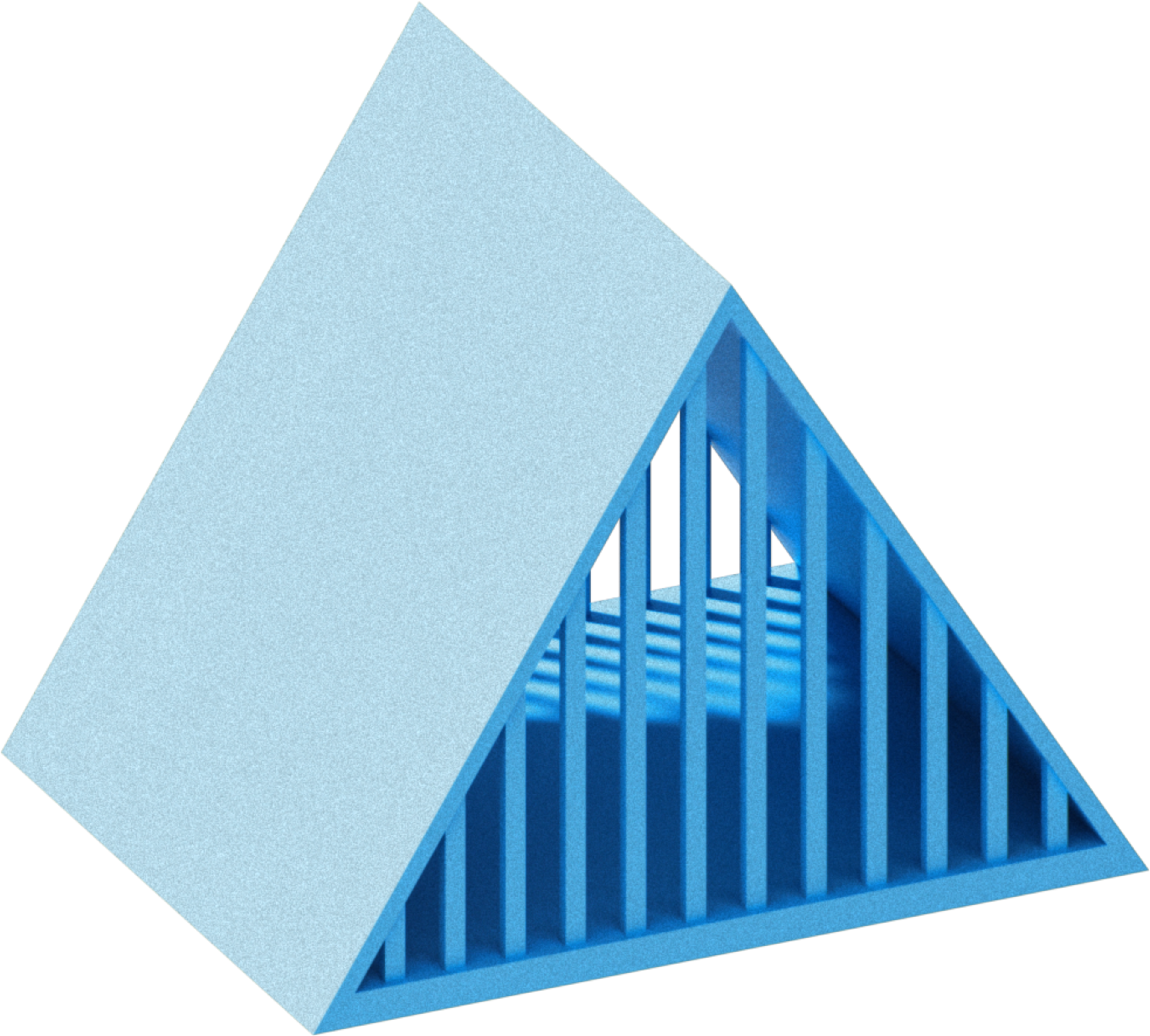 A light blue triangular prism with one open side features evenly spaced vertical slats inside, creating a geometric cage-like structure.