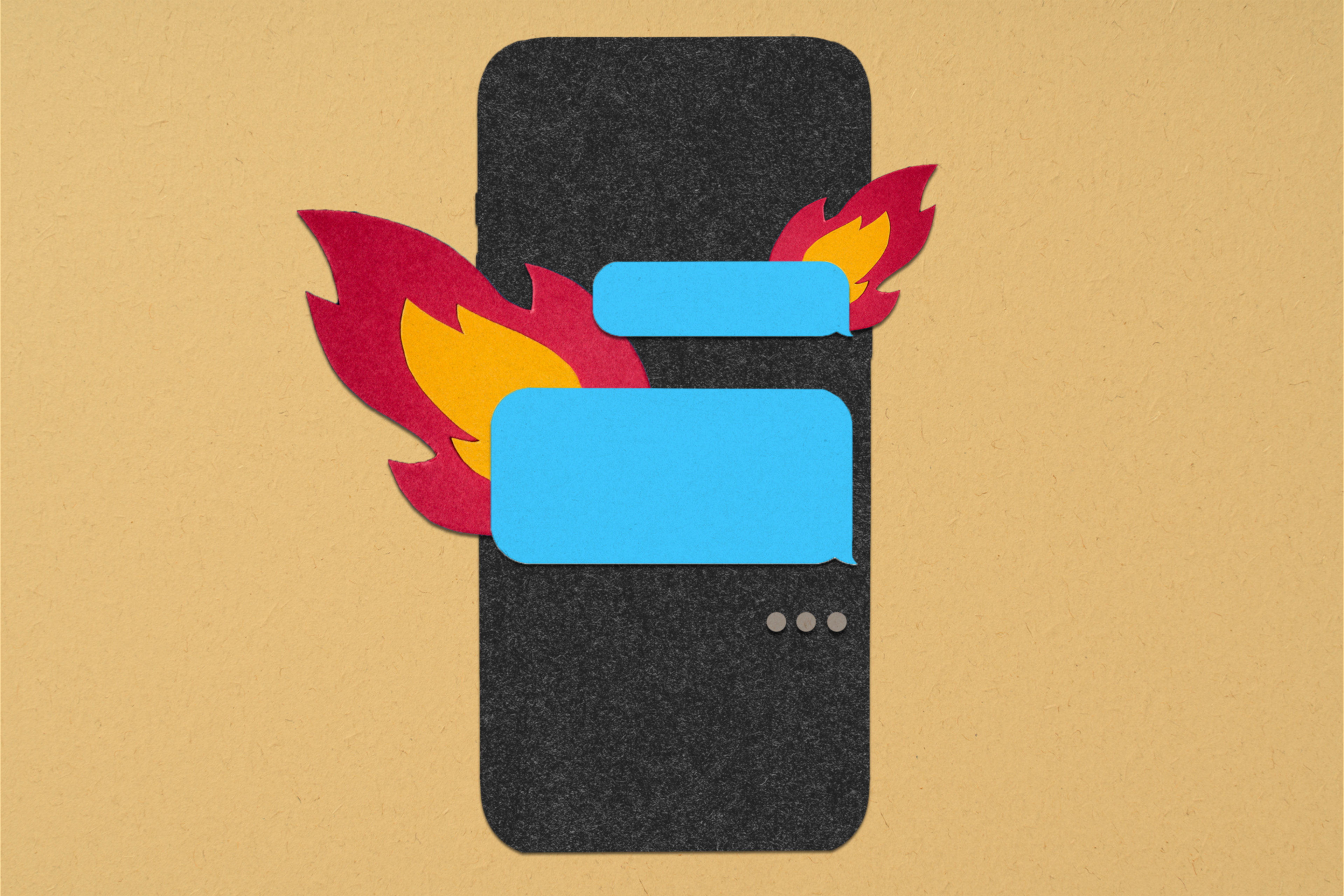 A black, stylized smartphone with fiery flames and two blue message bubbles over a beige background.