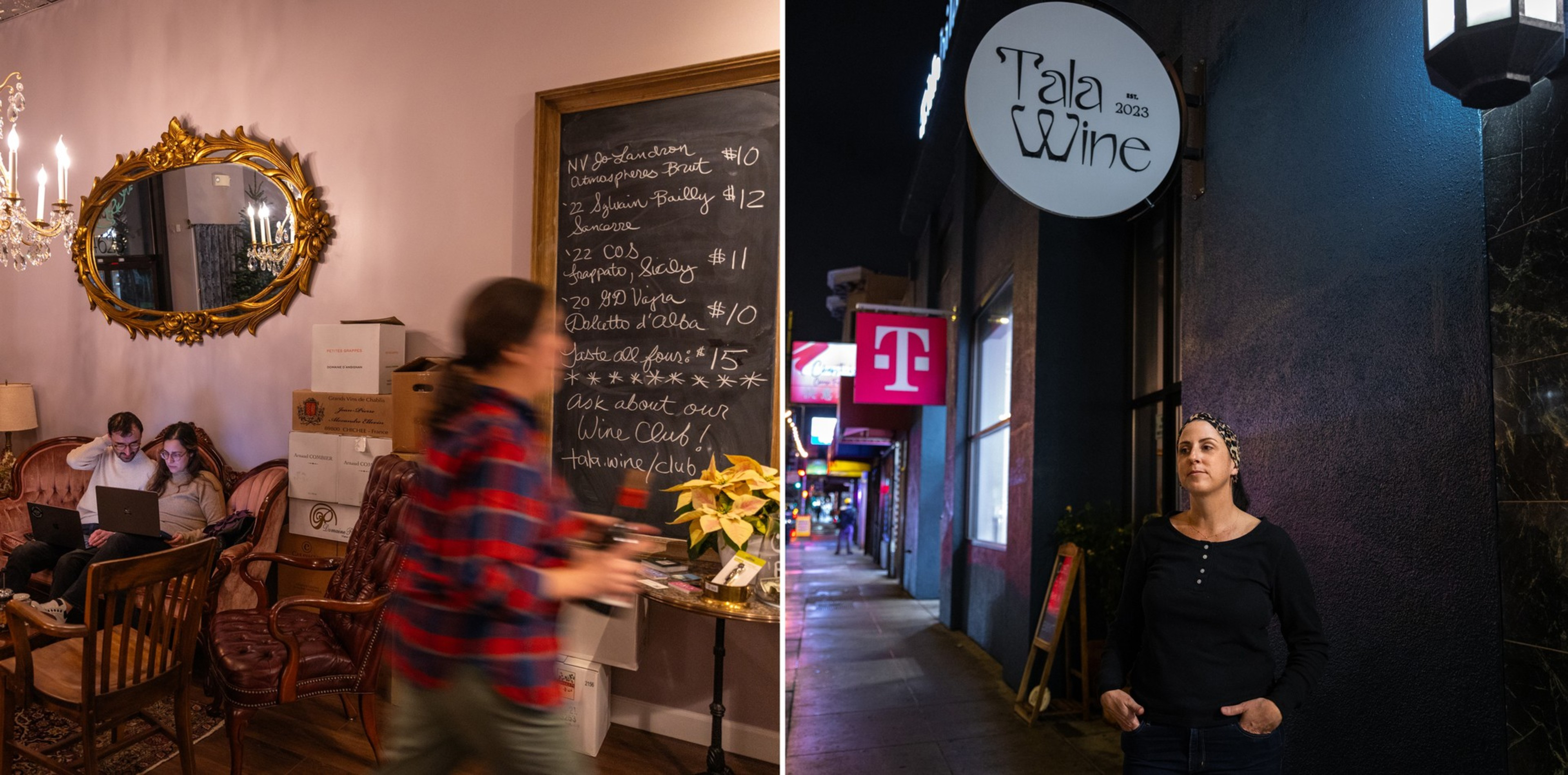 Two photos side by side - one of people on a couch looking at a computer with a chalkboard menu on the wall and decorative mirror and another photo of a woman standing under a Tala Win sign.