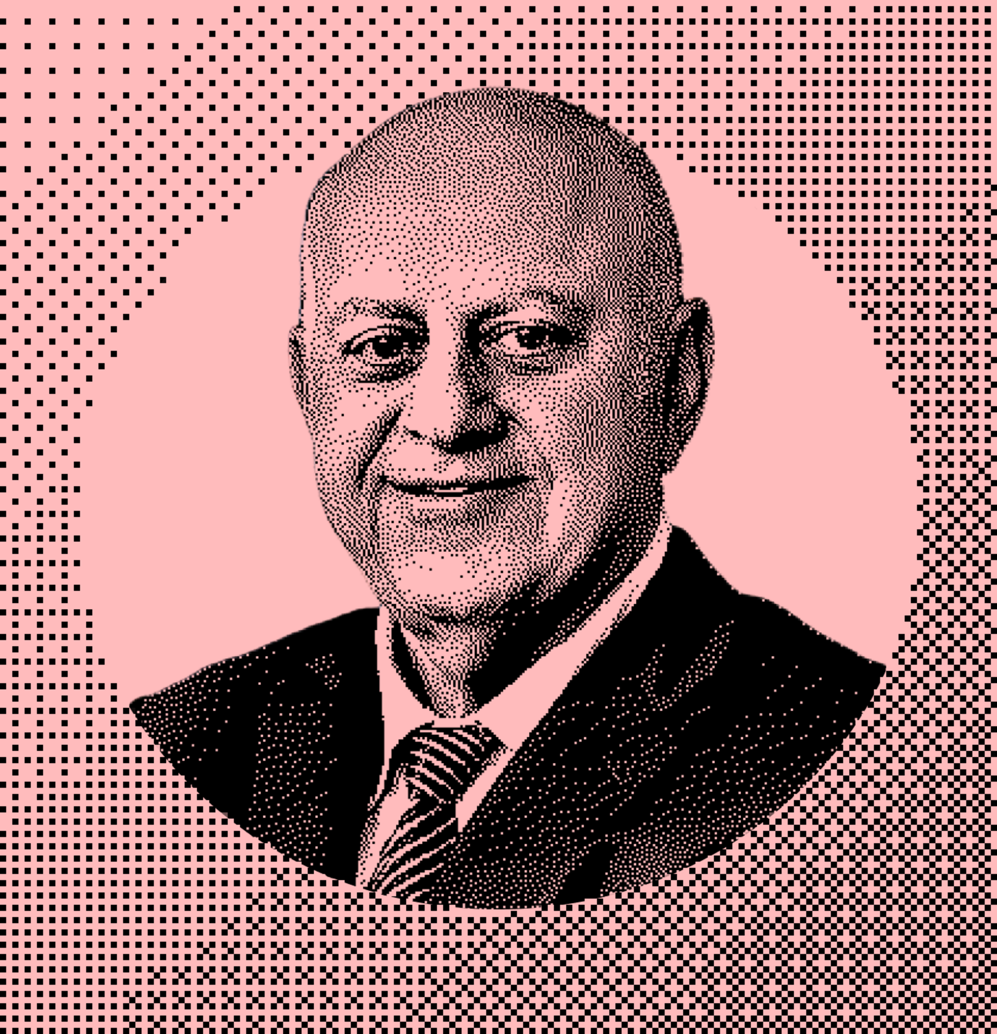 A halftone-style portrait of a bald man in a suit and tie, with a neutral expression, set against a pink background with a circular and dotted pattern.