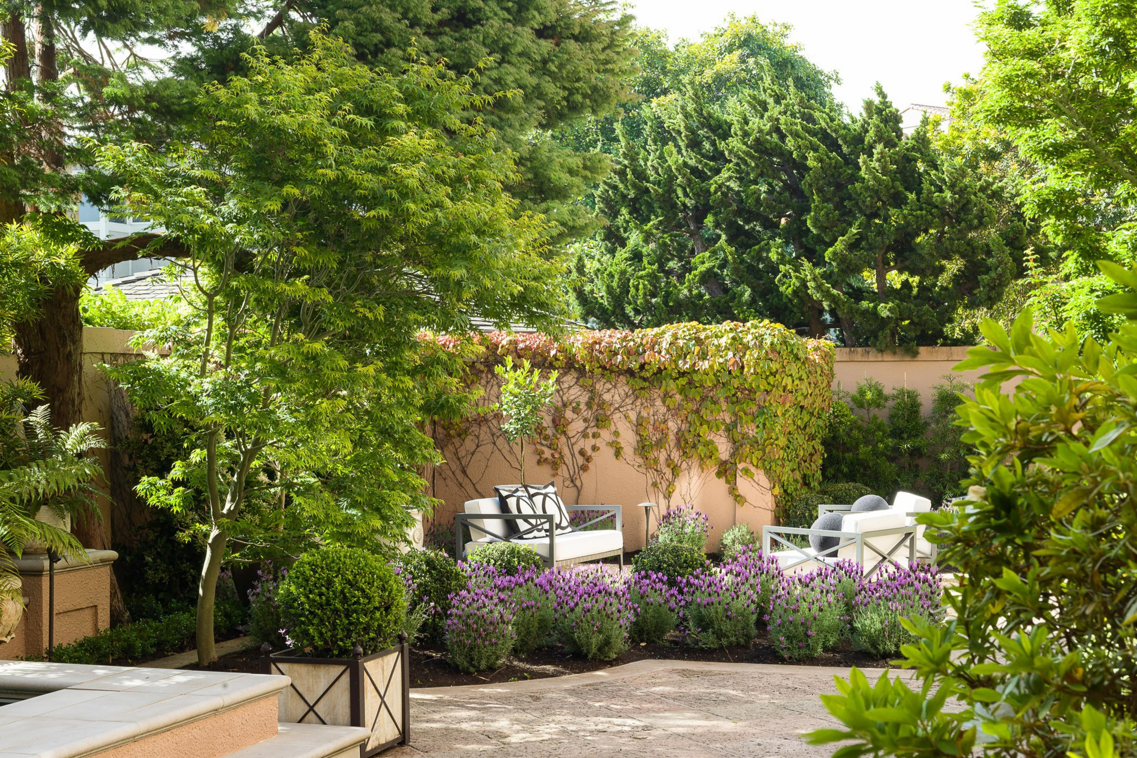 A serene garden with lush greenery and purple flowers surrounds white patio furniture. A wall with climbing vines adds an elegant touch to the peaceful scene.
