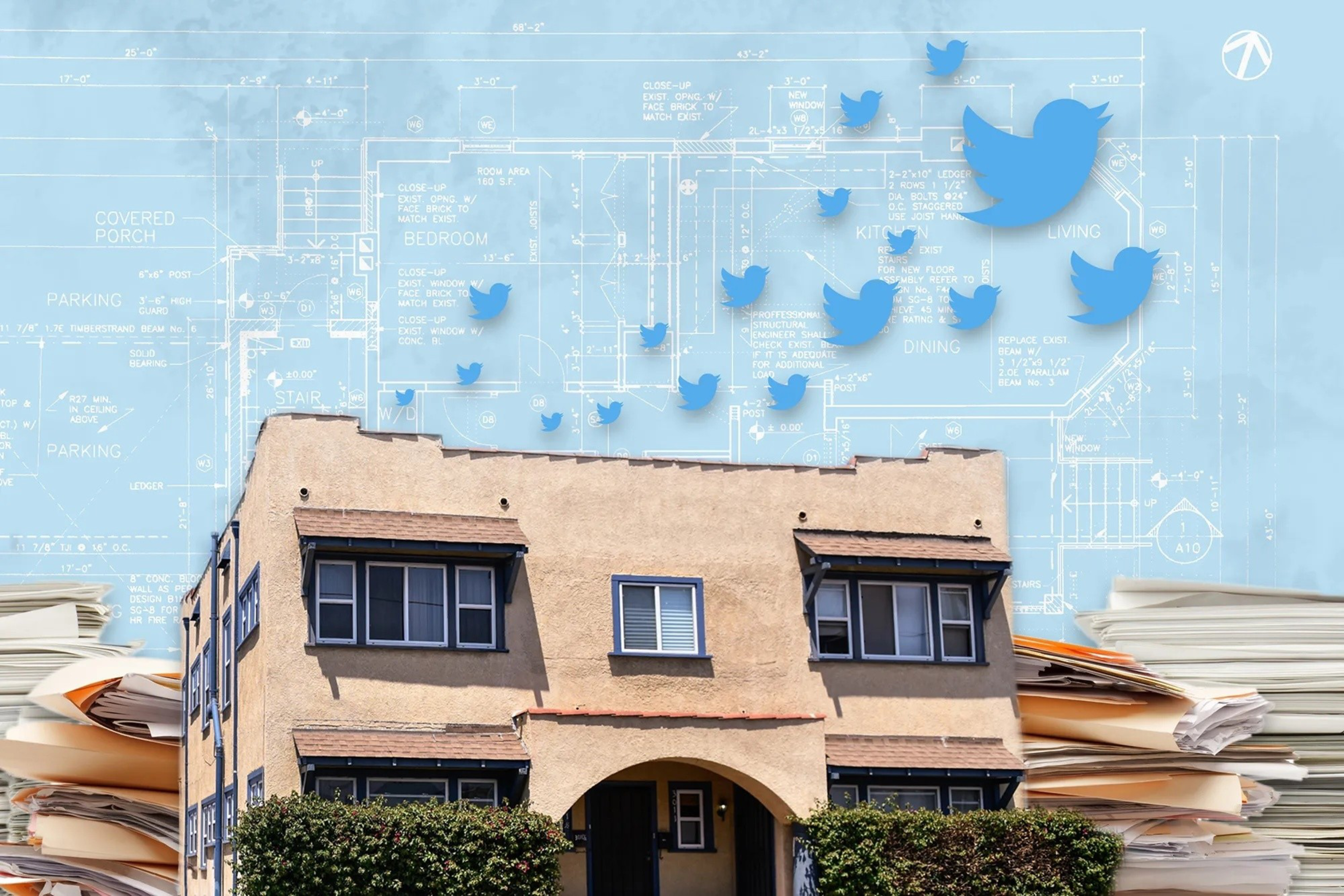 A house stands in front of a blueprint background with floating Twitter bird icons above and stacks of paper on either side.