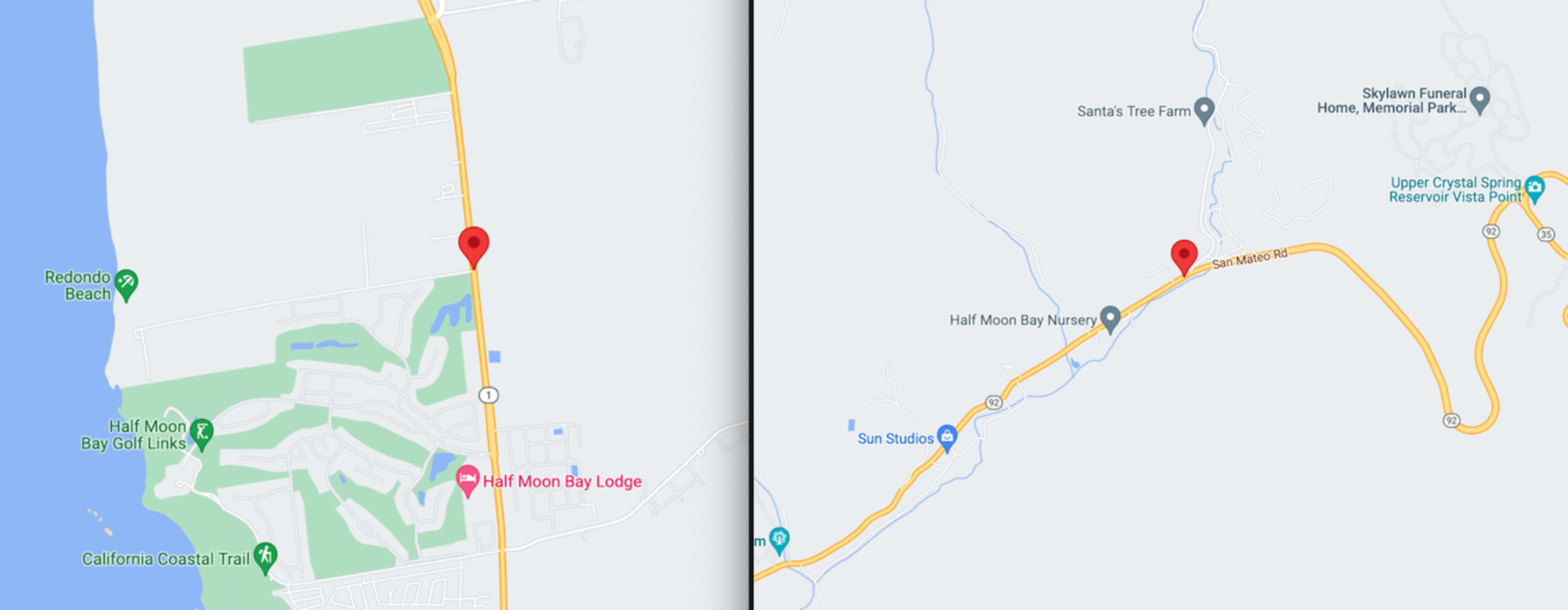 A map showing locations near Half Moon Bay Lodge and San Mateo Road in California, with nearby landmarks like Redondo Beach and Santa's Tree Farm.