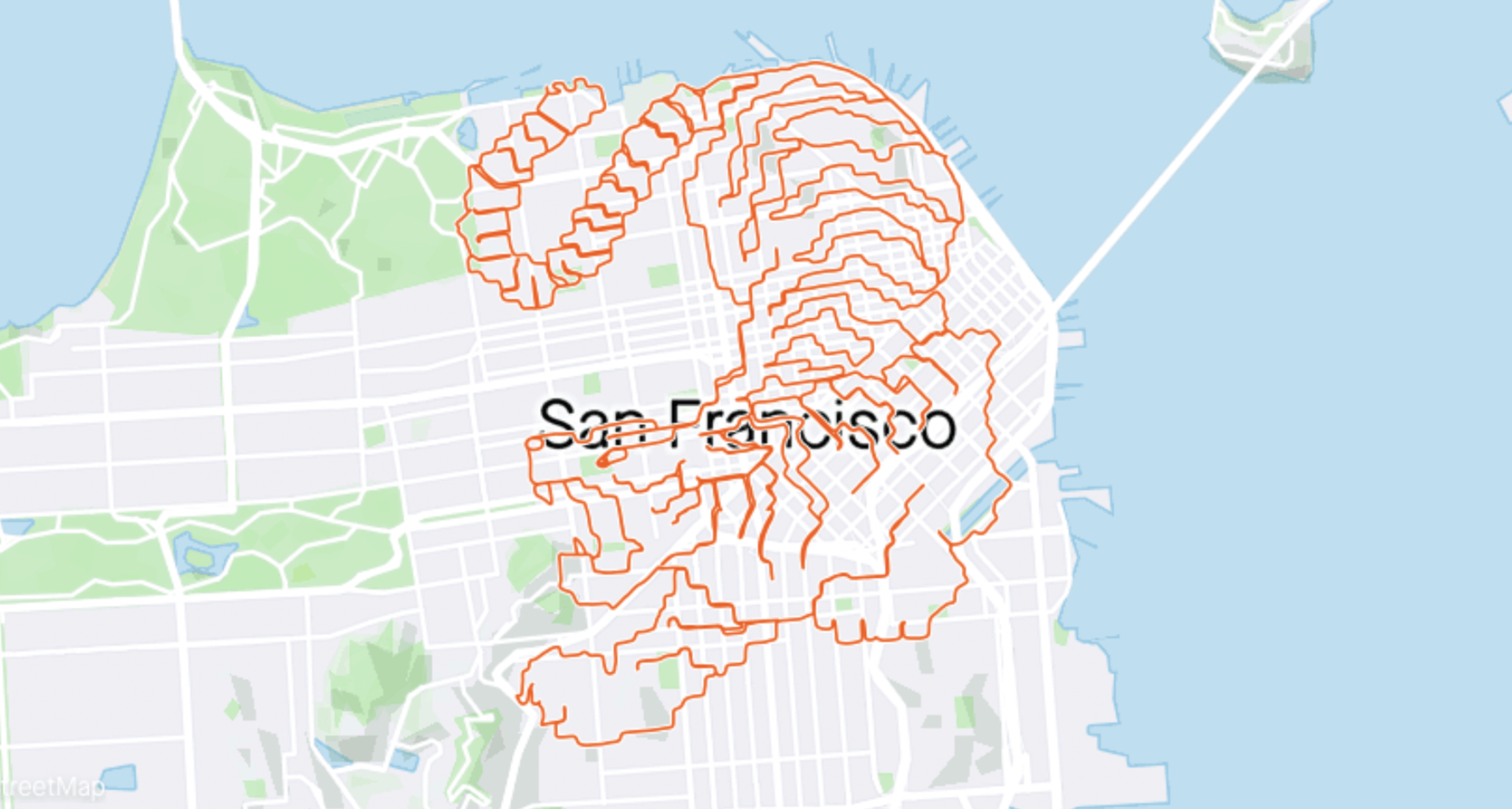 San Francisco street map with orange lines tracing a detailed, winding walking route covering most city sections near the waterfront and parks.