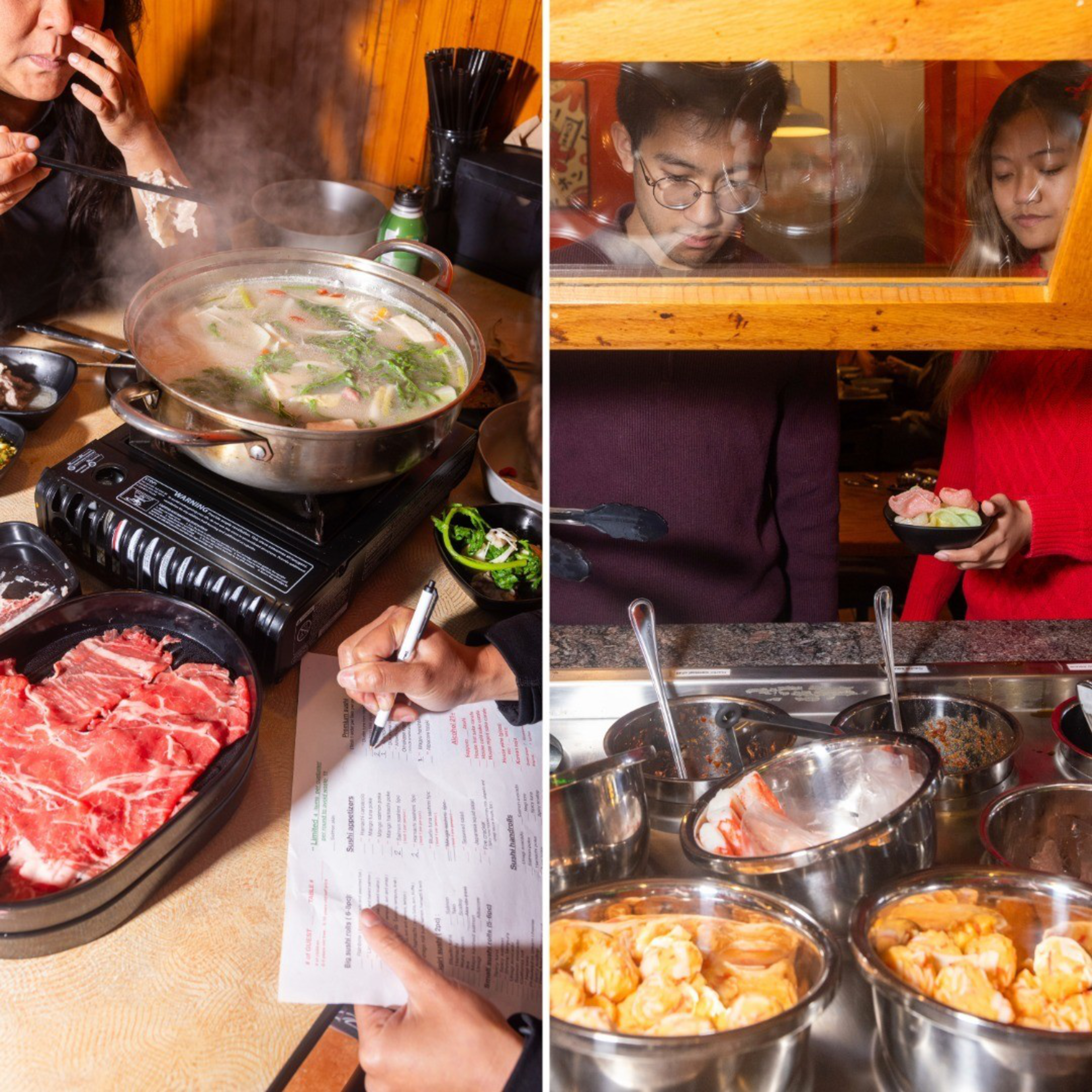 A steaming hot pot with vegetables and broth cooks on a burner as people select raw meat and write on a menu; others pick ingredients behind a glass.
