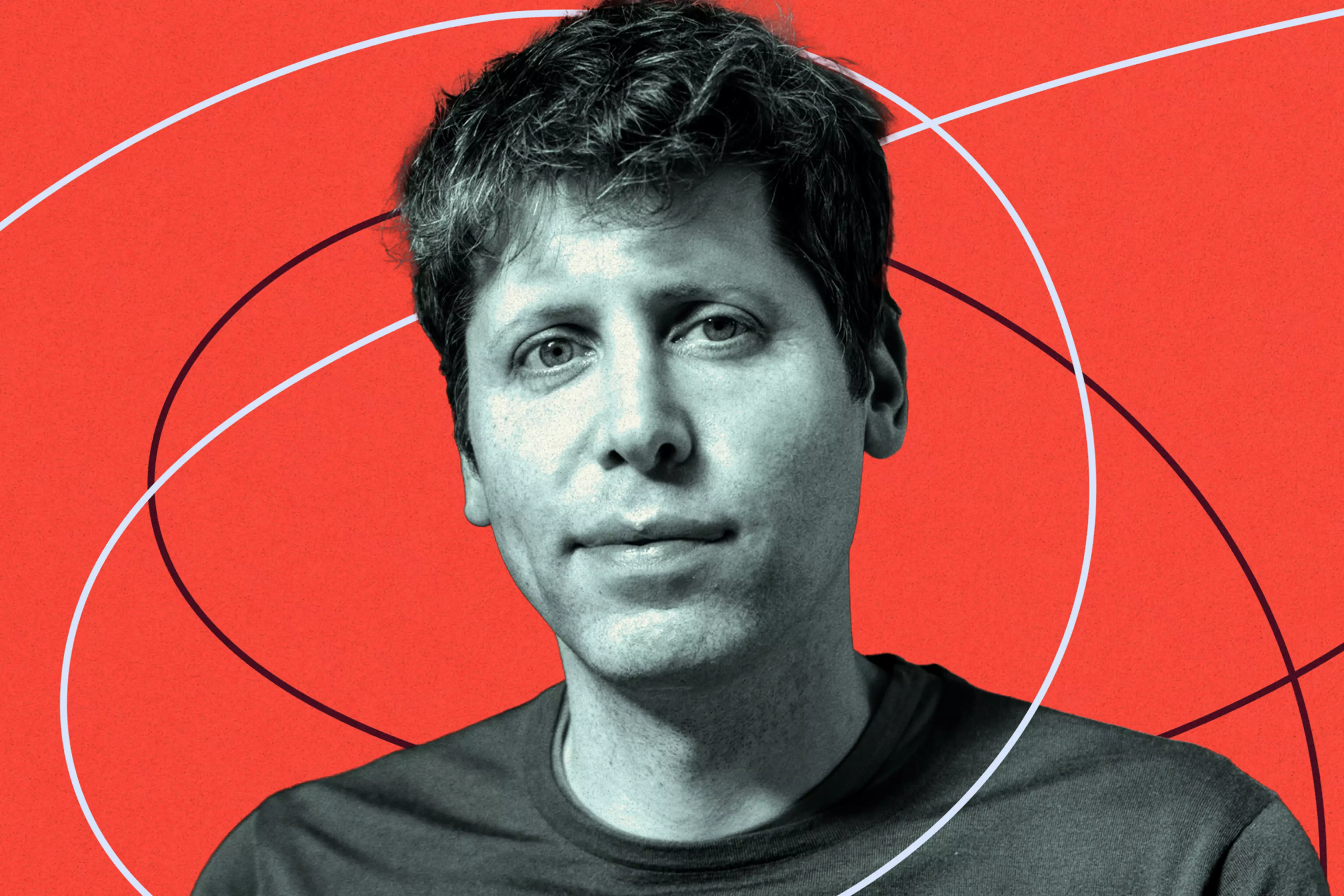 A man with short, dark hair and a neutral expression is set against a bright red background with curved white and black lines.