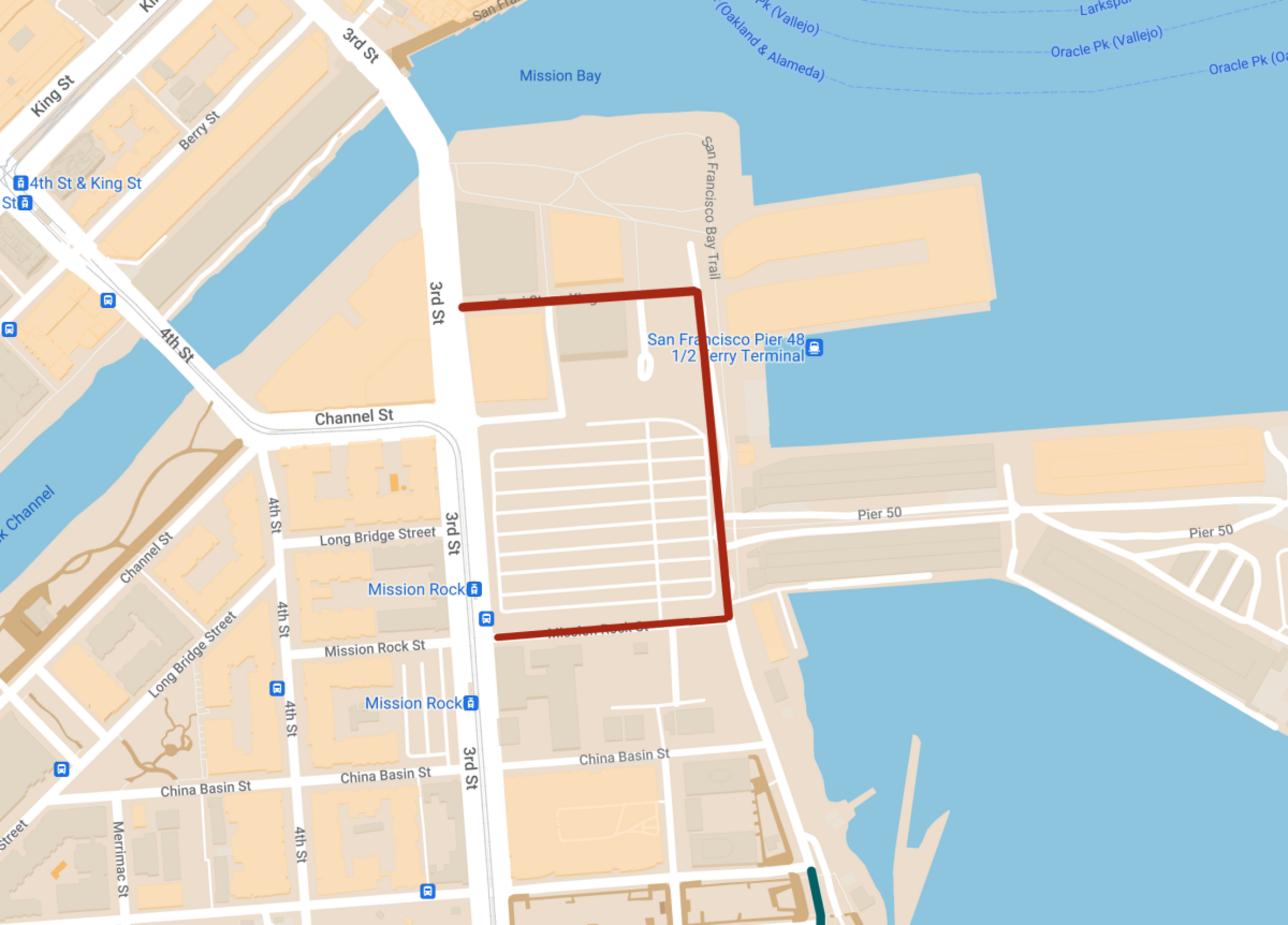 The image is a map showing streets near Mission Bay, San Francisco, with locations like San Francisco Pier 48 1/2 Ferry Terminal and the surrounding area. A red line marks a route.