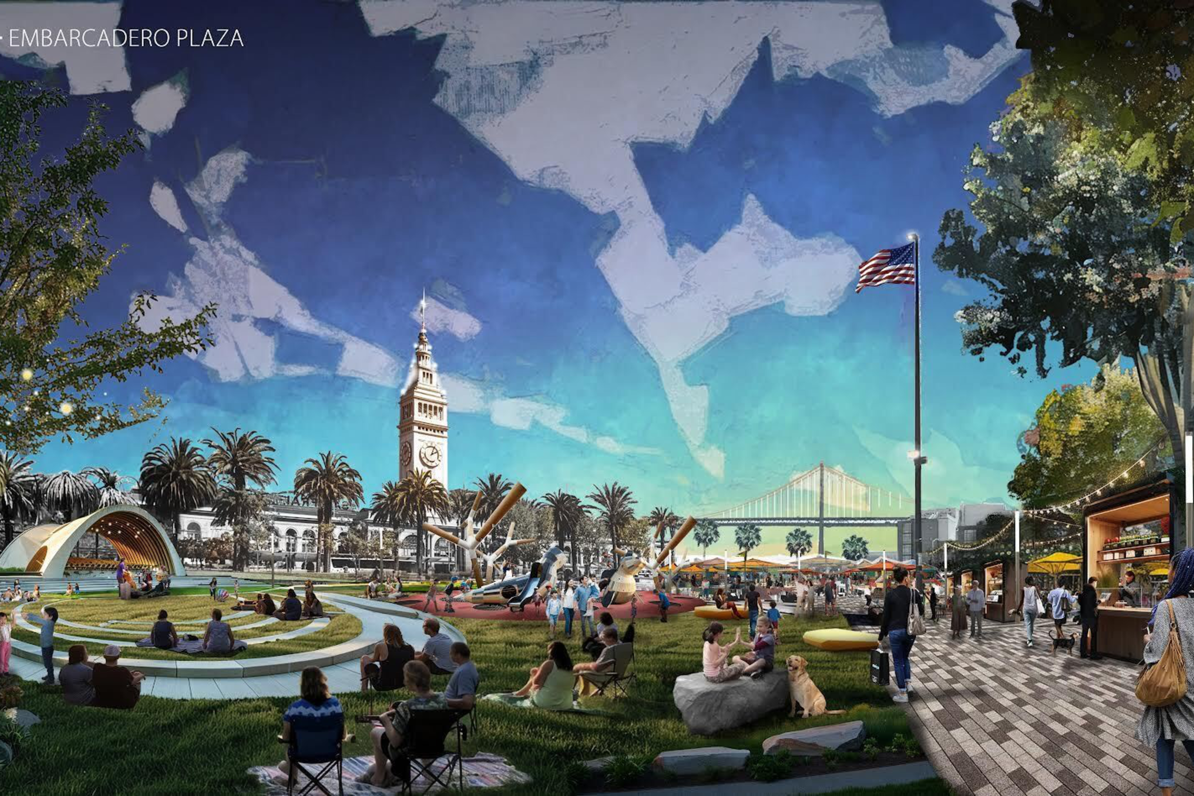 The image shows a vibrant park with people relaxing on grass, a playground, an amphitheater, a clock tower in the background, and market stalls with bright umbrellas.