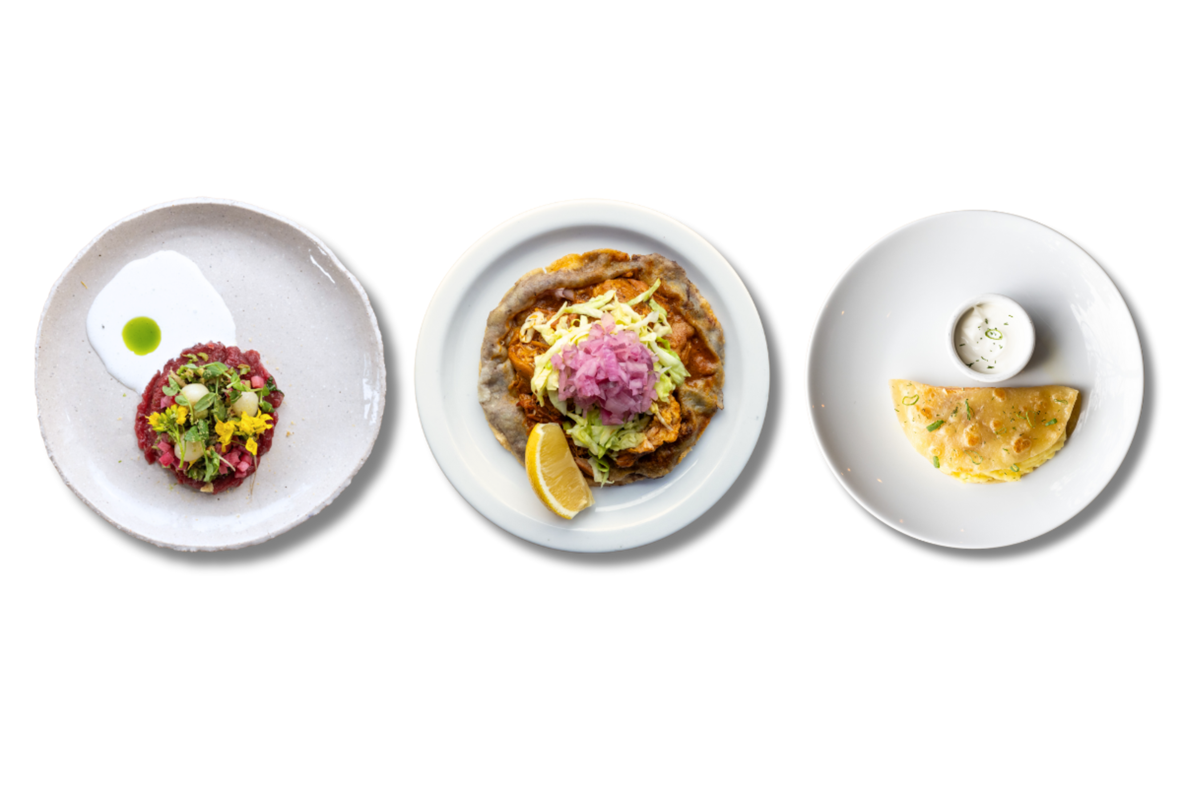 MijotÃ©'s sirloin carpaccio dish, featuring Tokyo turnips and rhubarb; Loltun's panucho with cochinita pibil; AyDea's Qistibi, which consists of flaky flatbread with a mashed potato and roasted beef filling.