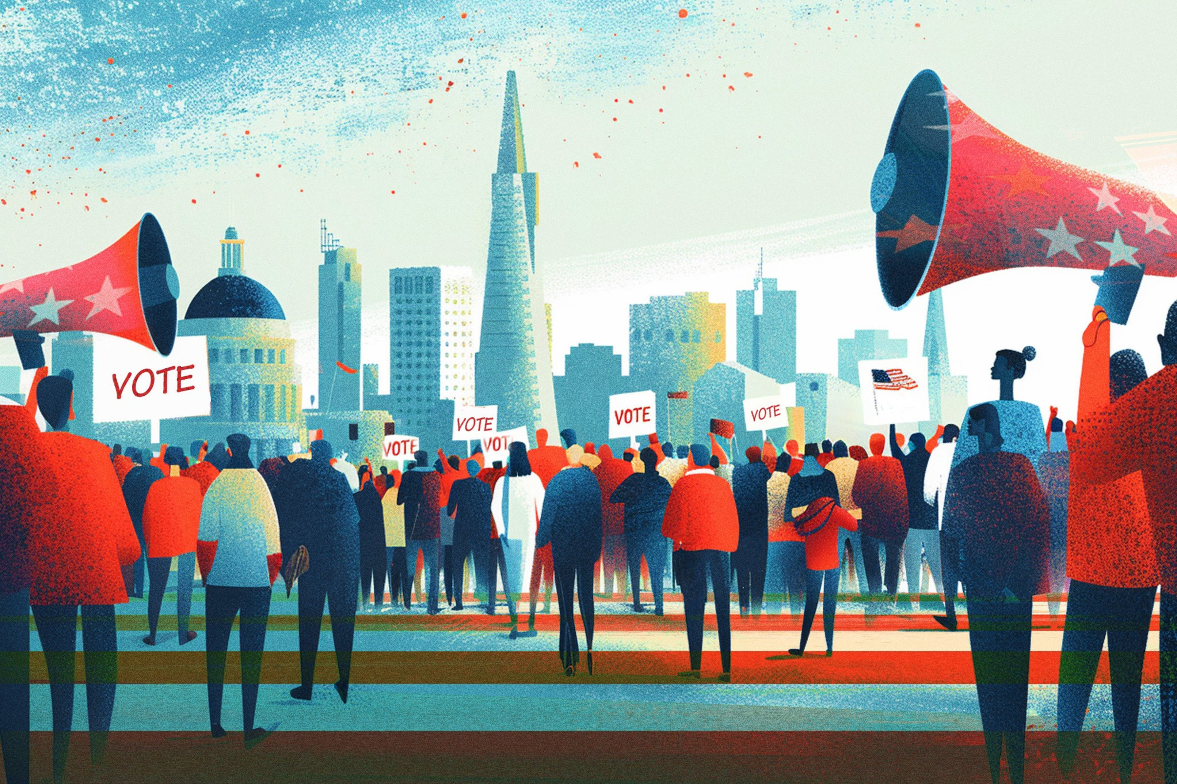A vibrant crowd faces a city skyline, holding "VOTE" signs and megaphones, promoting civic engagement amidst confetti-filled air.