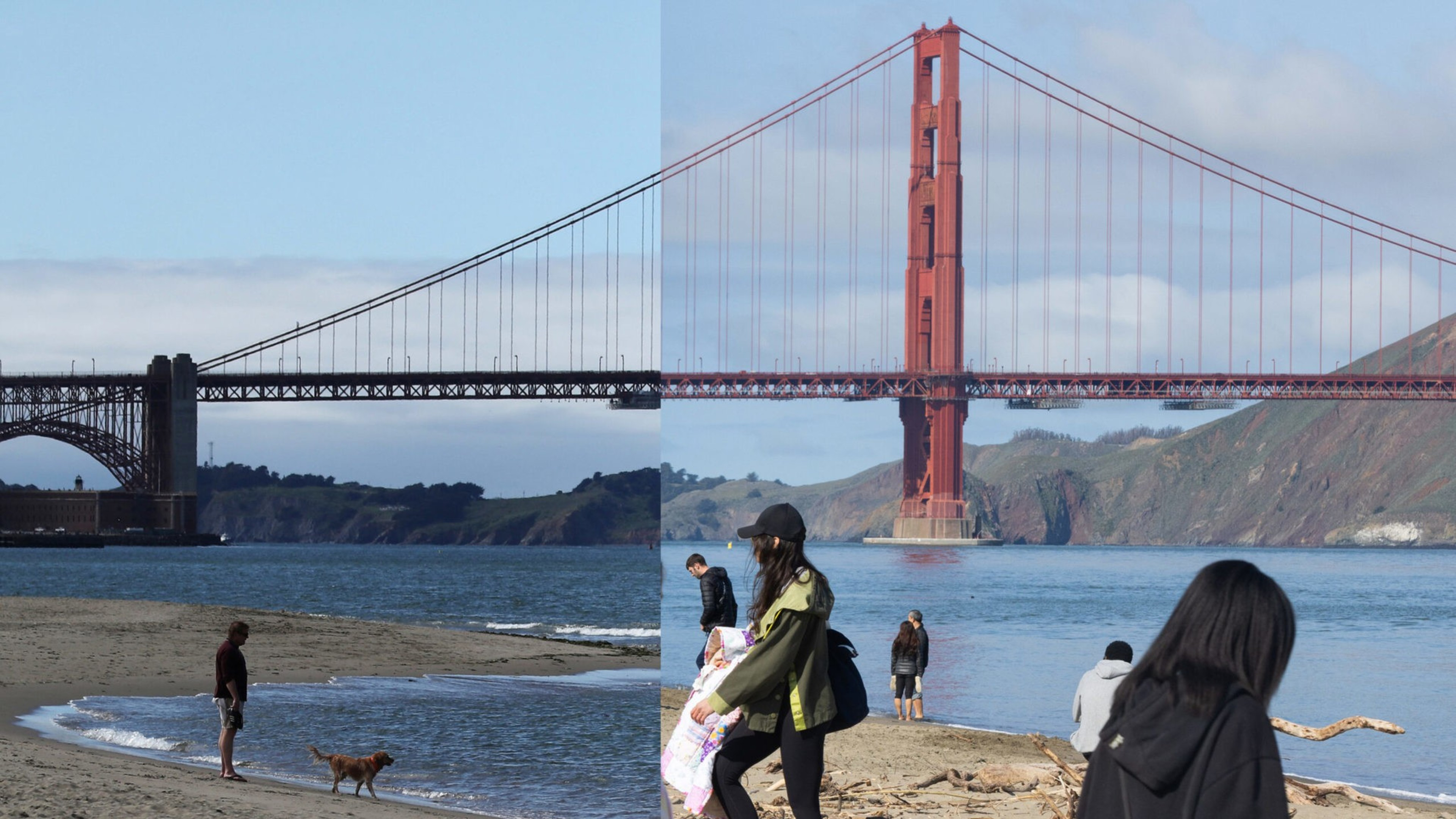 A split image showing the Golden Gate Bridge; the left side in black and white with a man and a dog, the right side in color with several people walking.