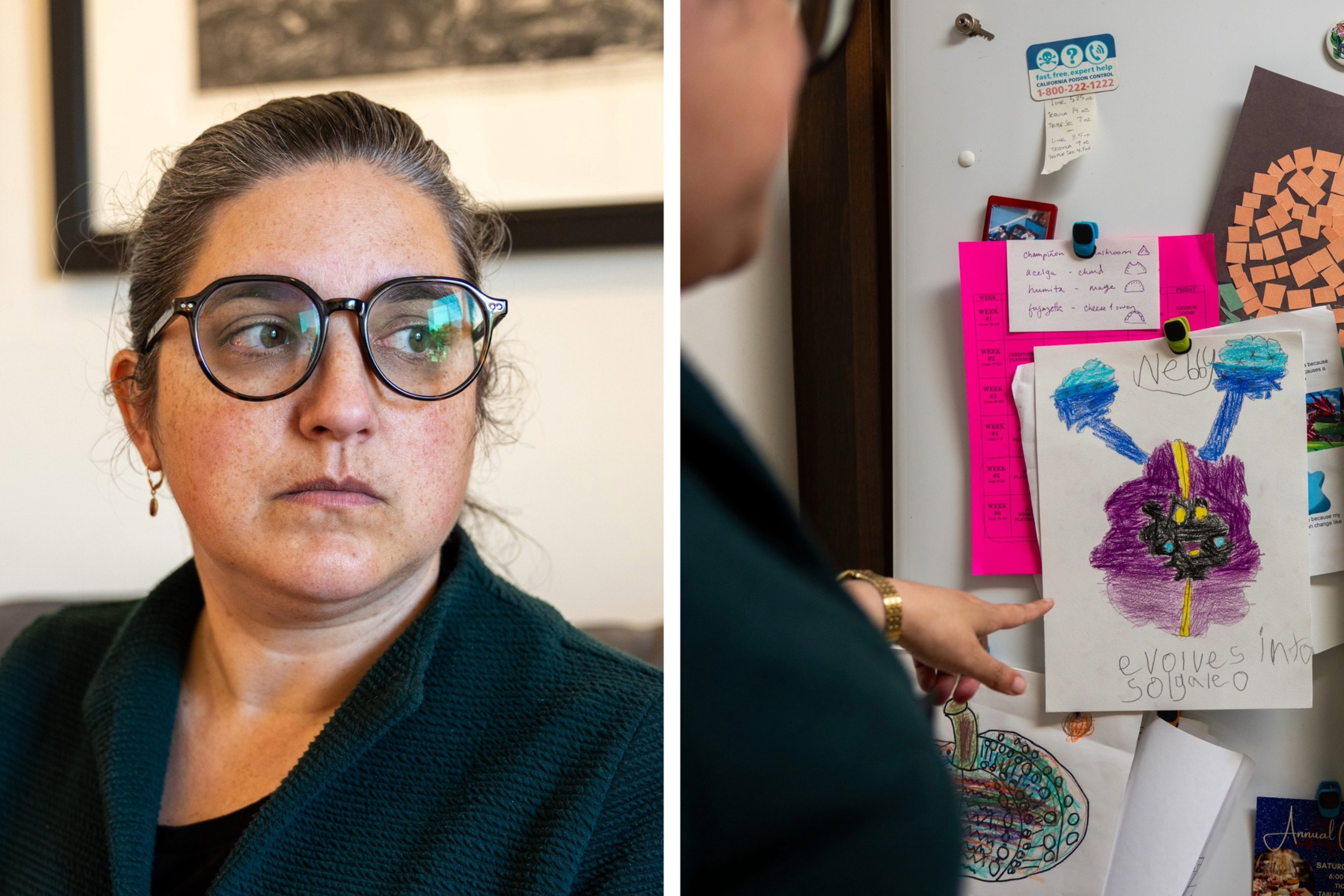 A woman looks pensively to the side; a fridge with children's drawings and notes, including a colorful creature, is shown.
