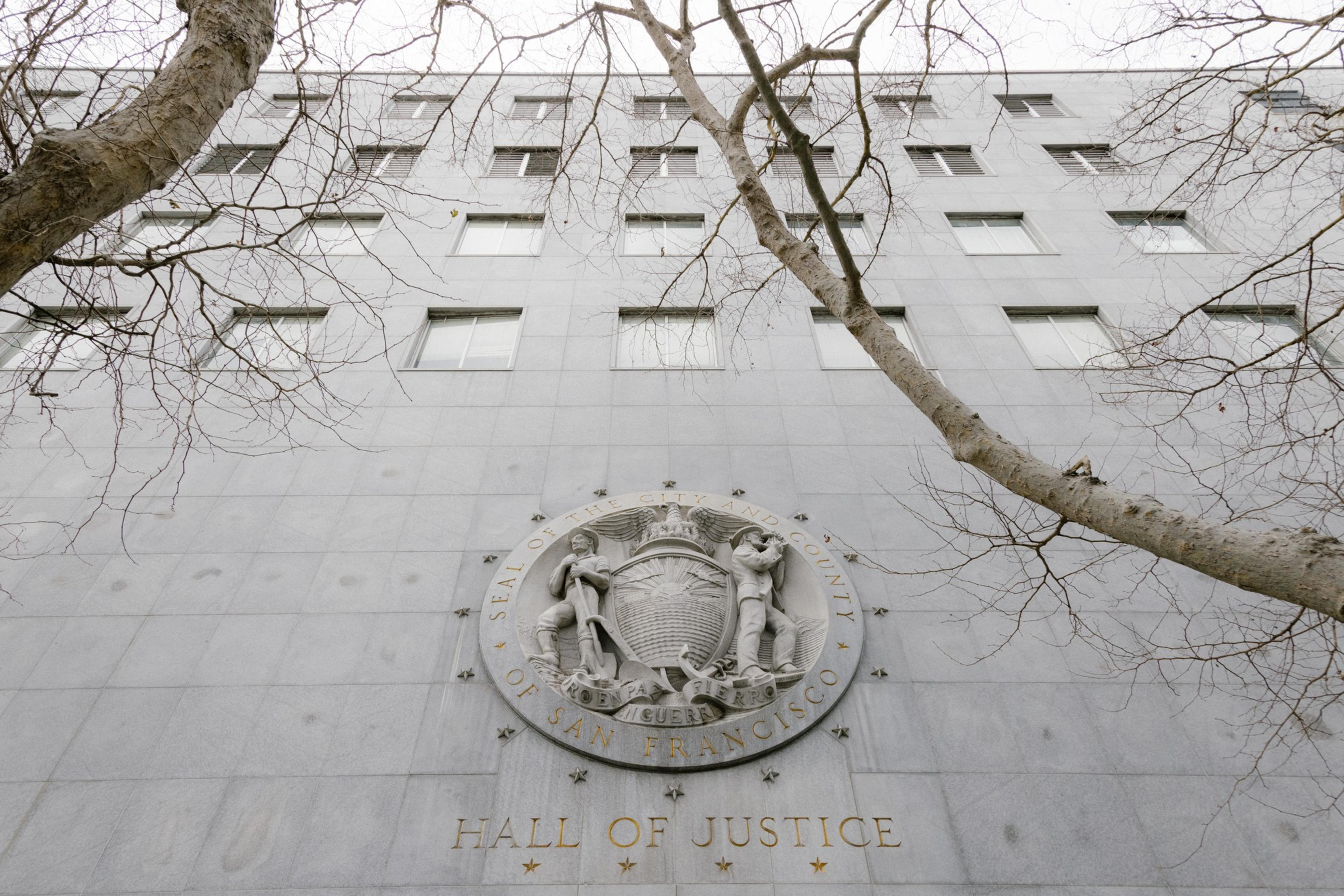 The outside of a courthouse. 