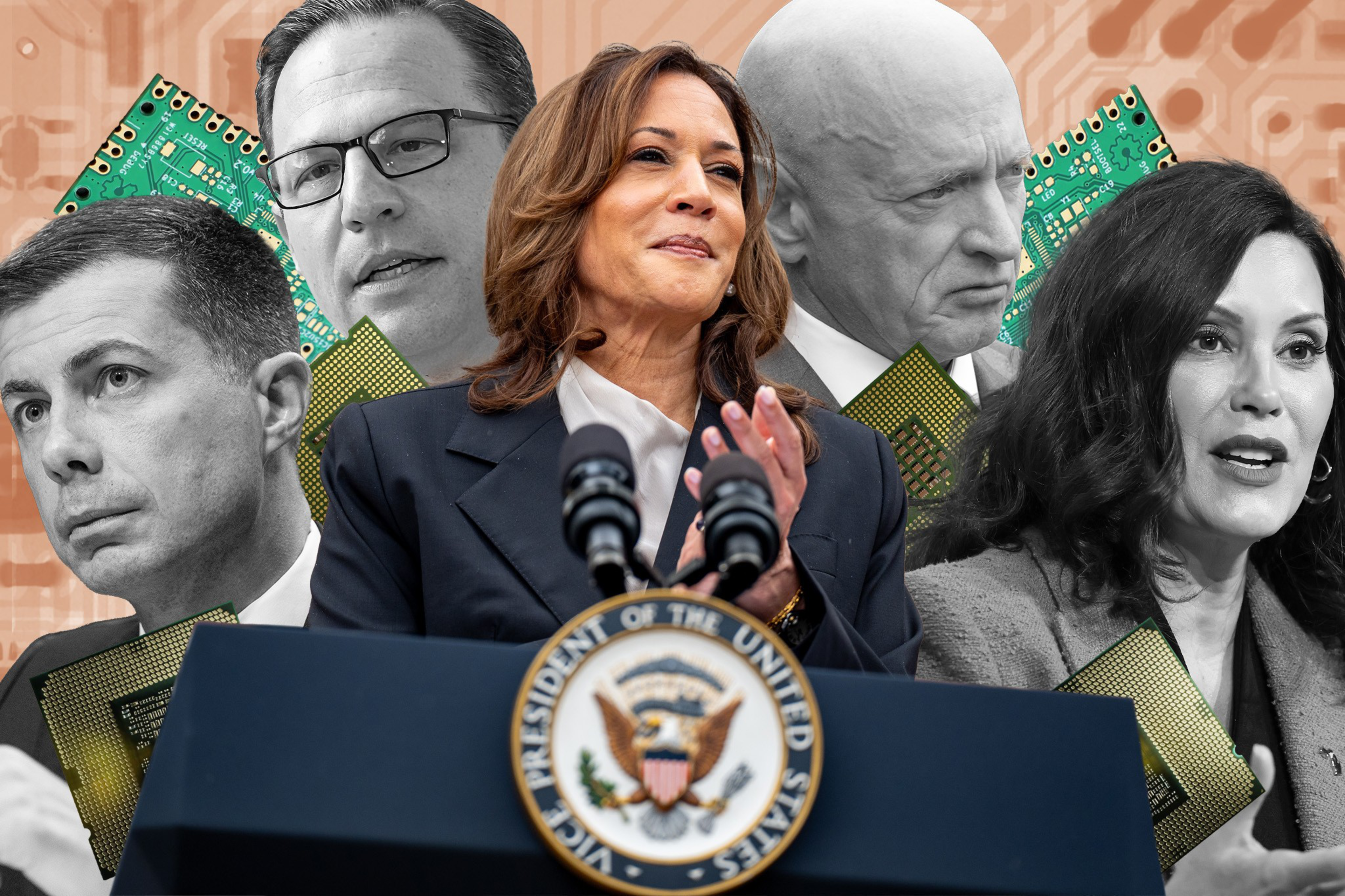 A woman stands at a podium with the U.S. Vice President seal, flanked by four people in the background. Circuit board graphics highlight the backdrop.