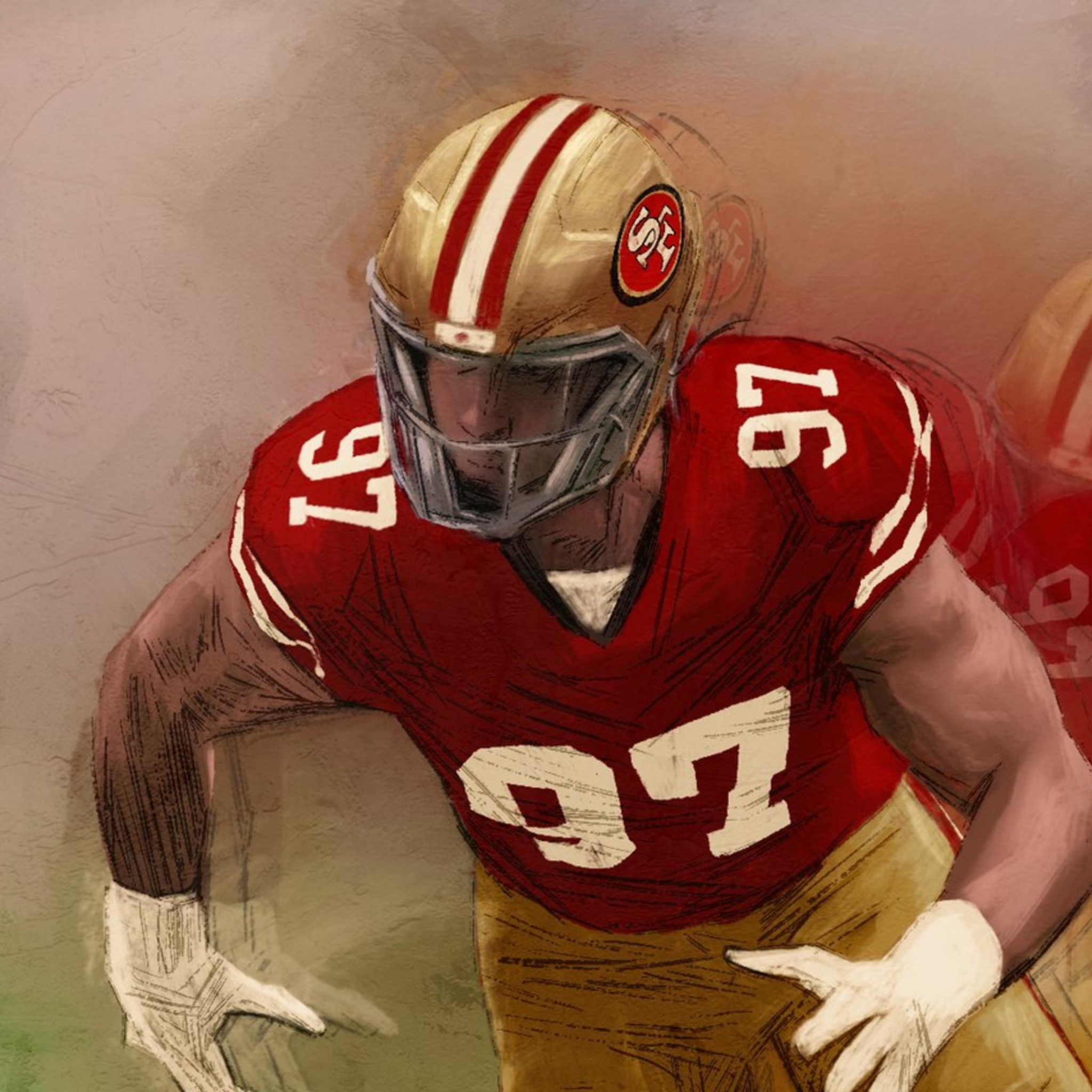 An illustration of a football player wearing red and gold.