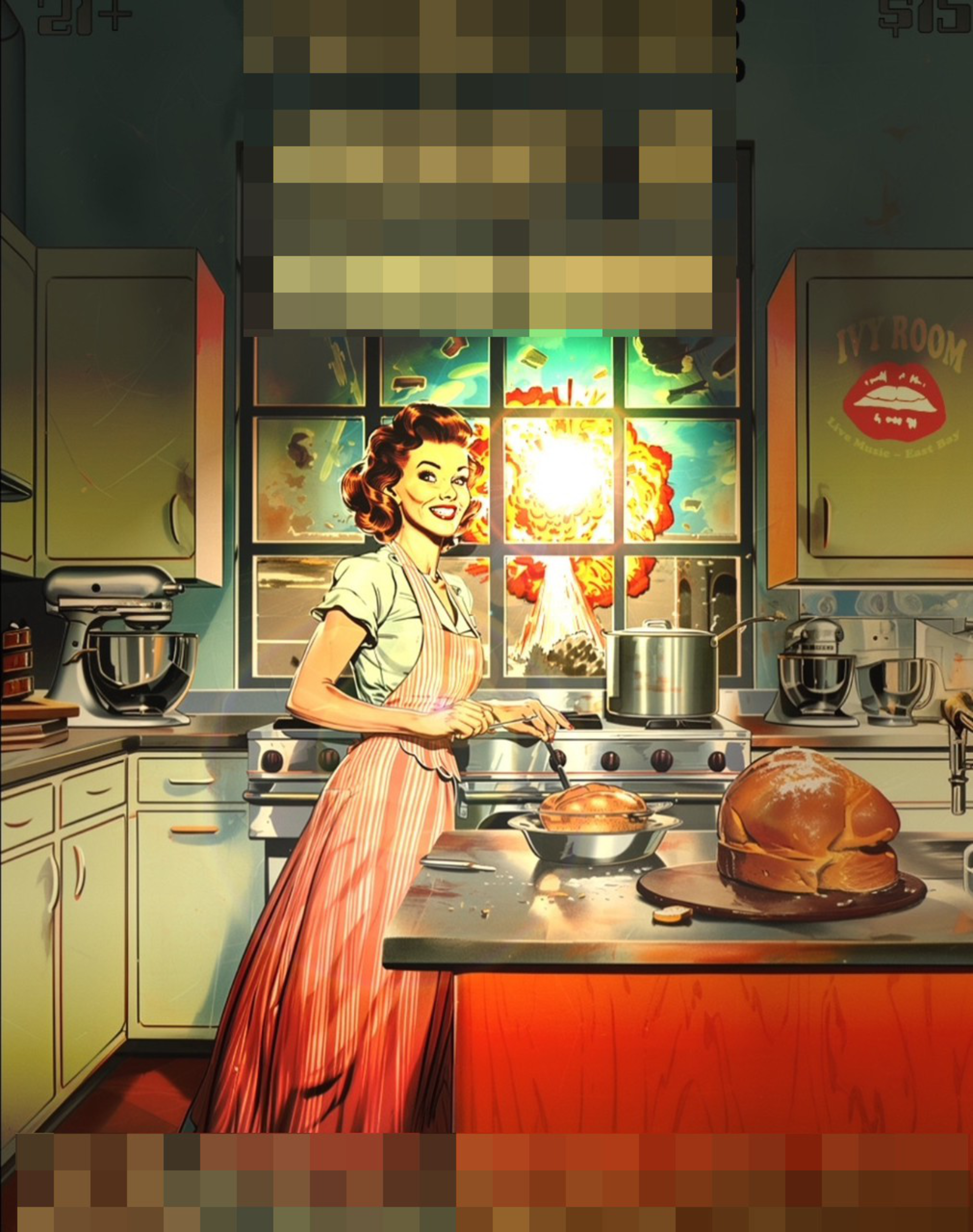 A smiling woman in a retro kitchen stirs food while a large explosion is visible through the window behind her.
