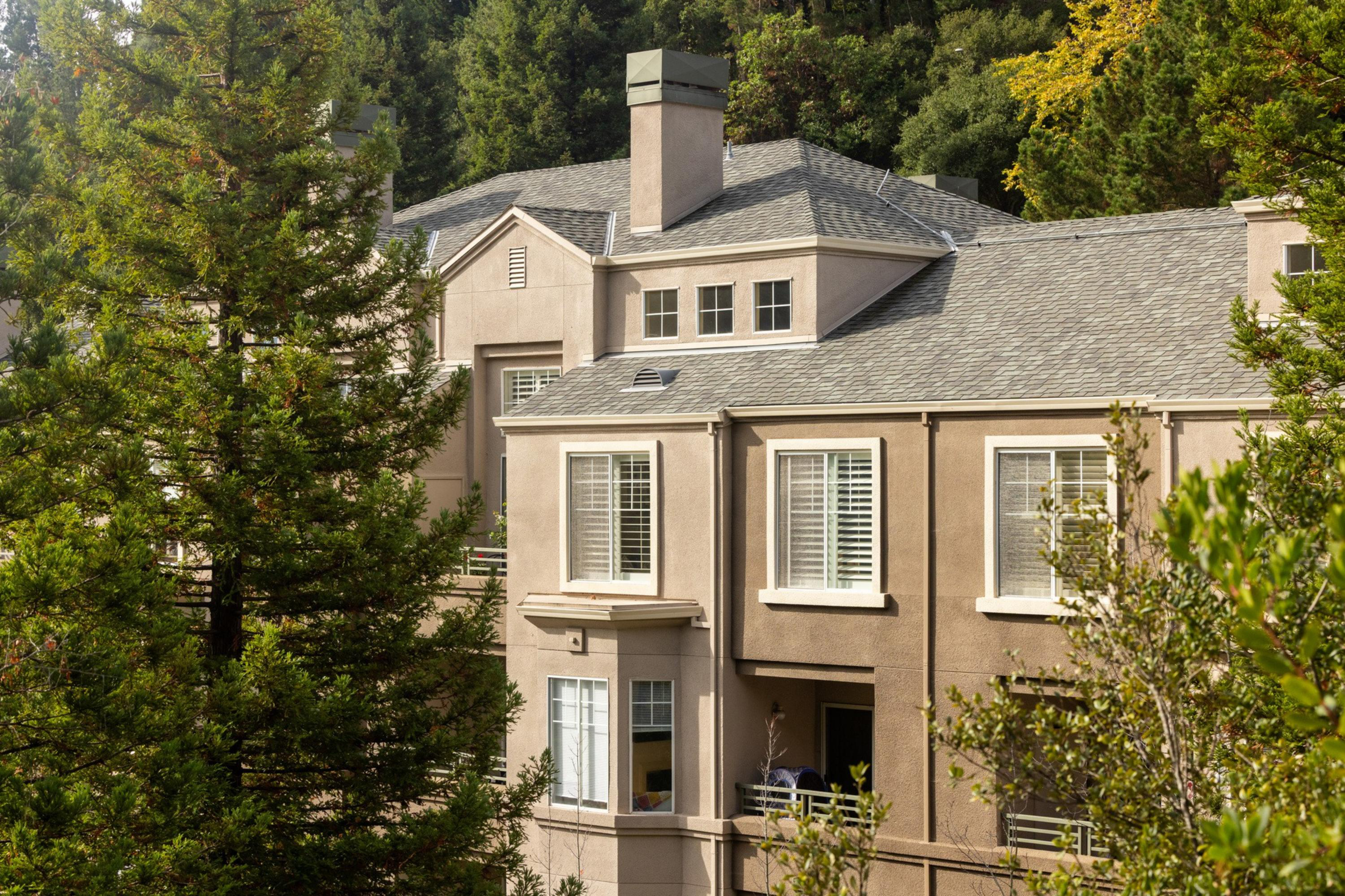 A modern beige townhouse with multiple windows is partially hidden by tall green trees, surrounded by dense forest in the background.