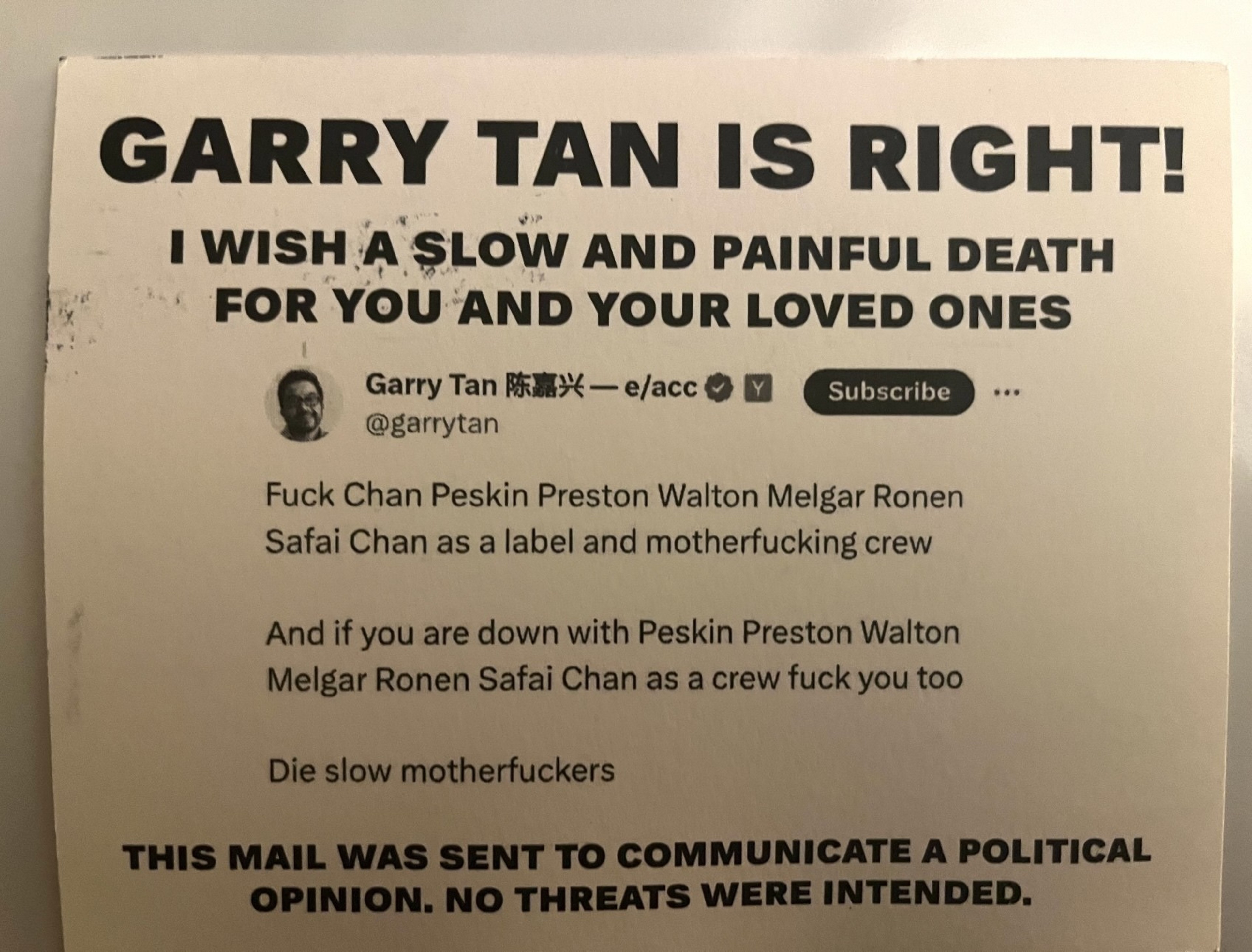 A threatening message with an image of Garry Tan's deleted tweet,