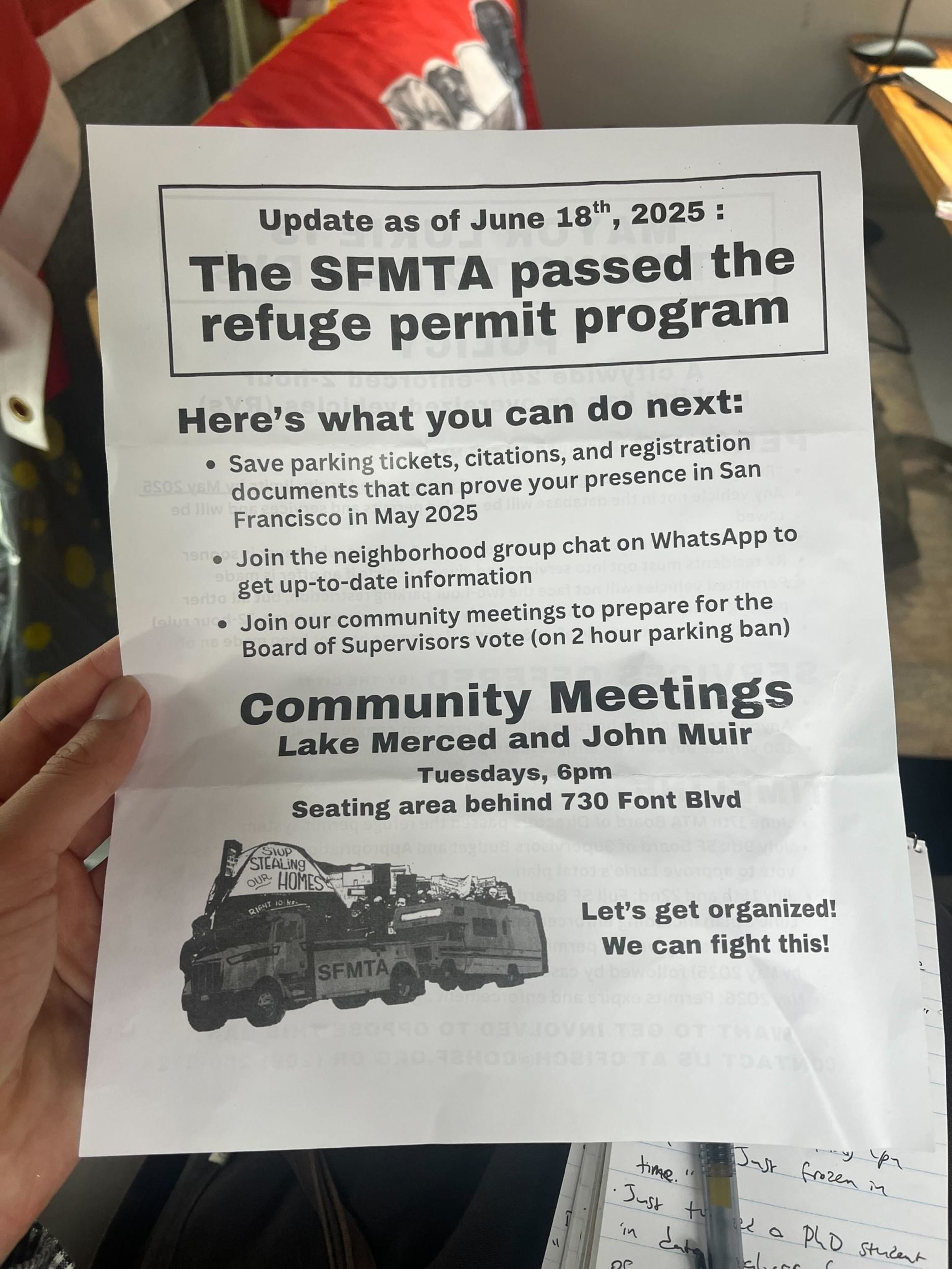 The image shows a flyer about the SFMTA passing a refuge permit program. It includes steps to take next, and details for community meetings, with an illustration of RVs.