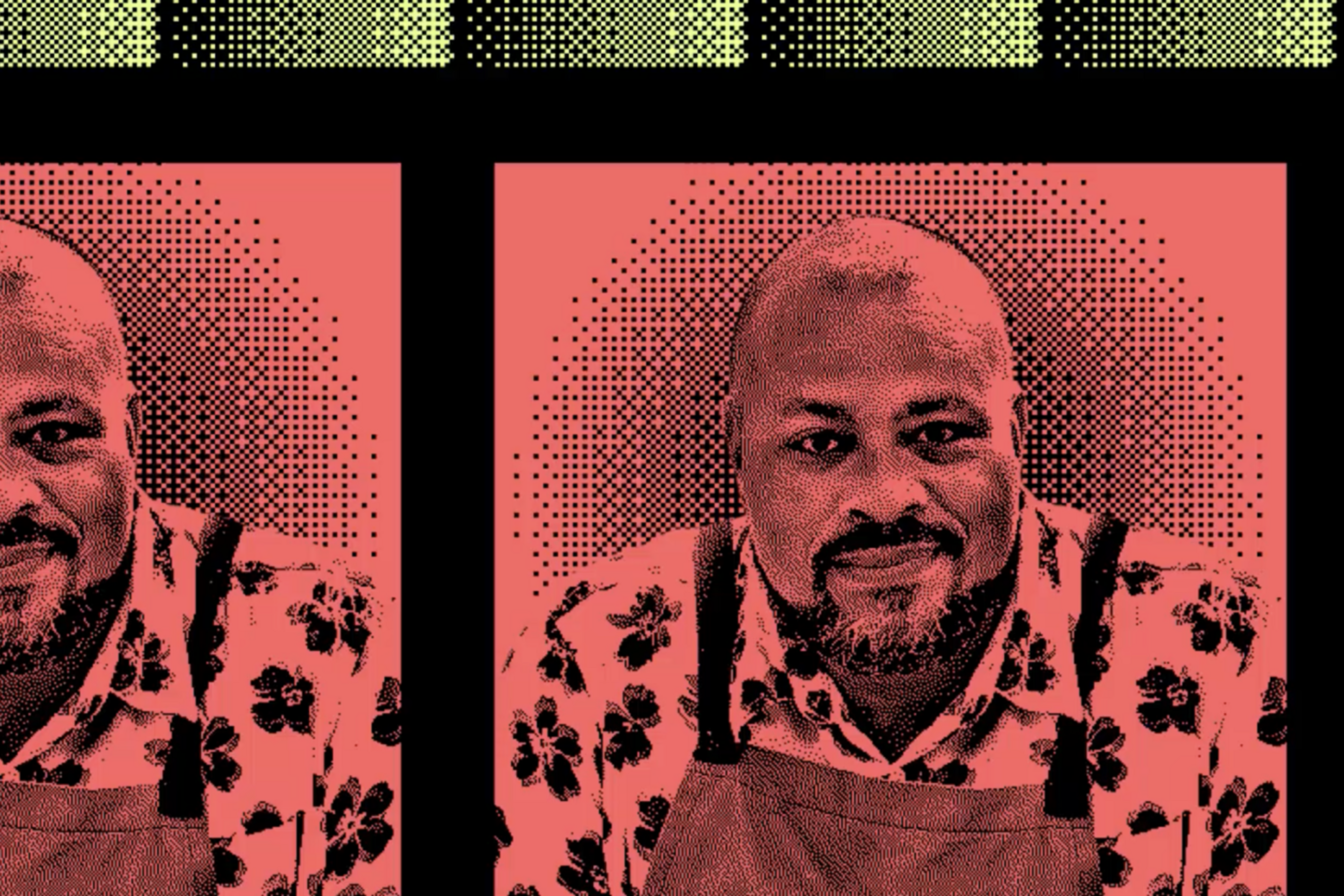 The image features a repeated pattern of a man smiling, wearing a floral shirt and apron. The background is a red halftone design, creating a pop art effect.