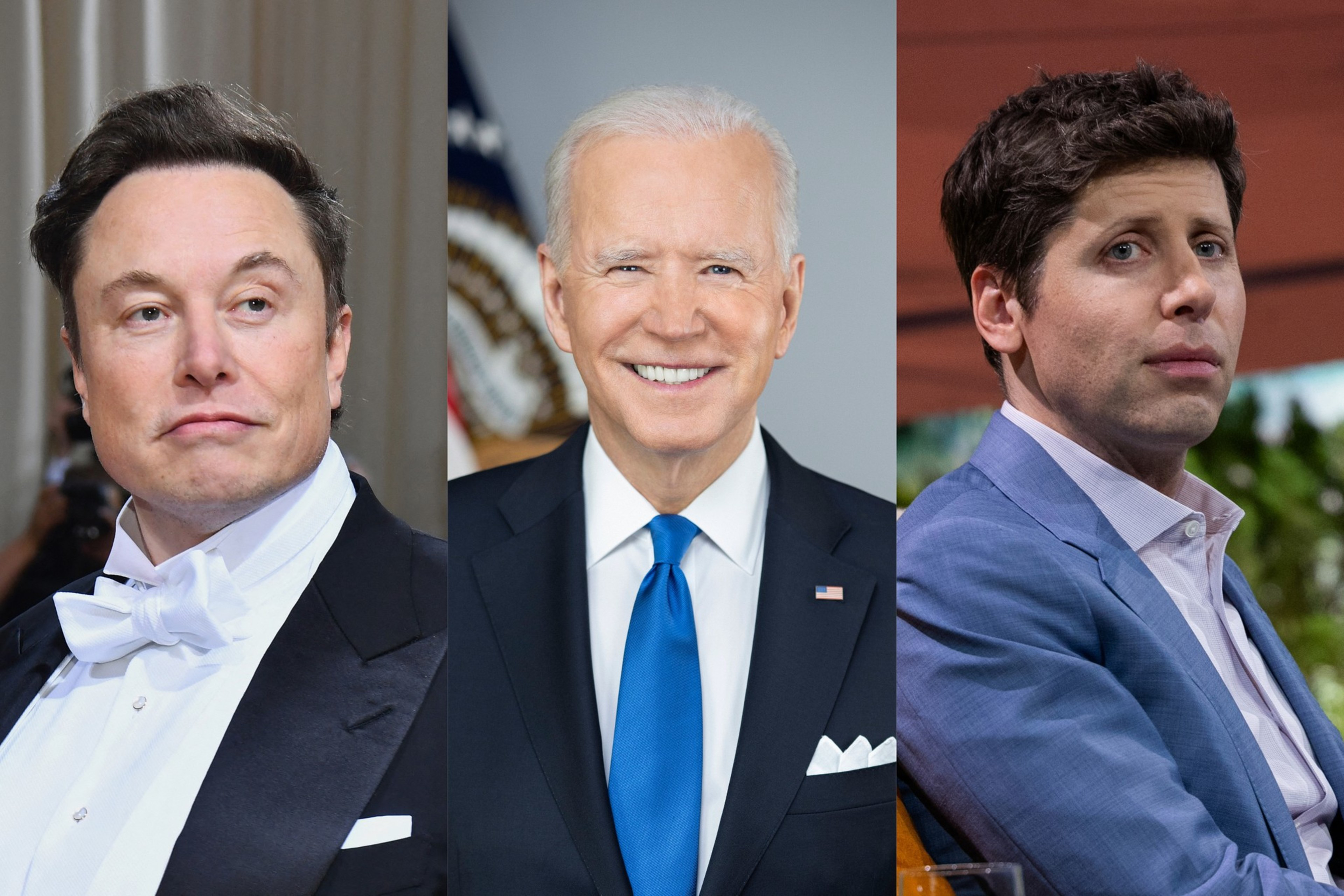 A composite image of Elon Musk, President Joe Biden, and Sam Altman.