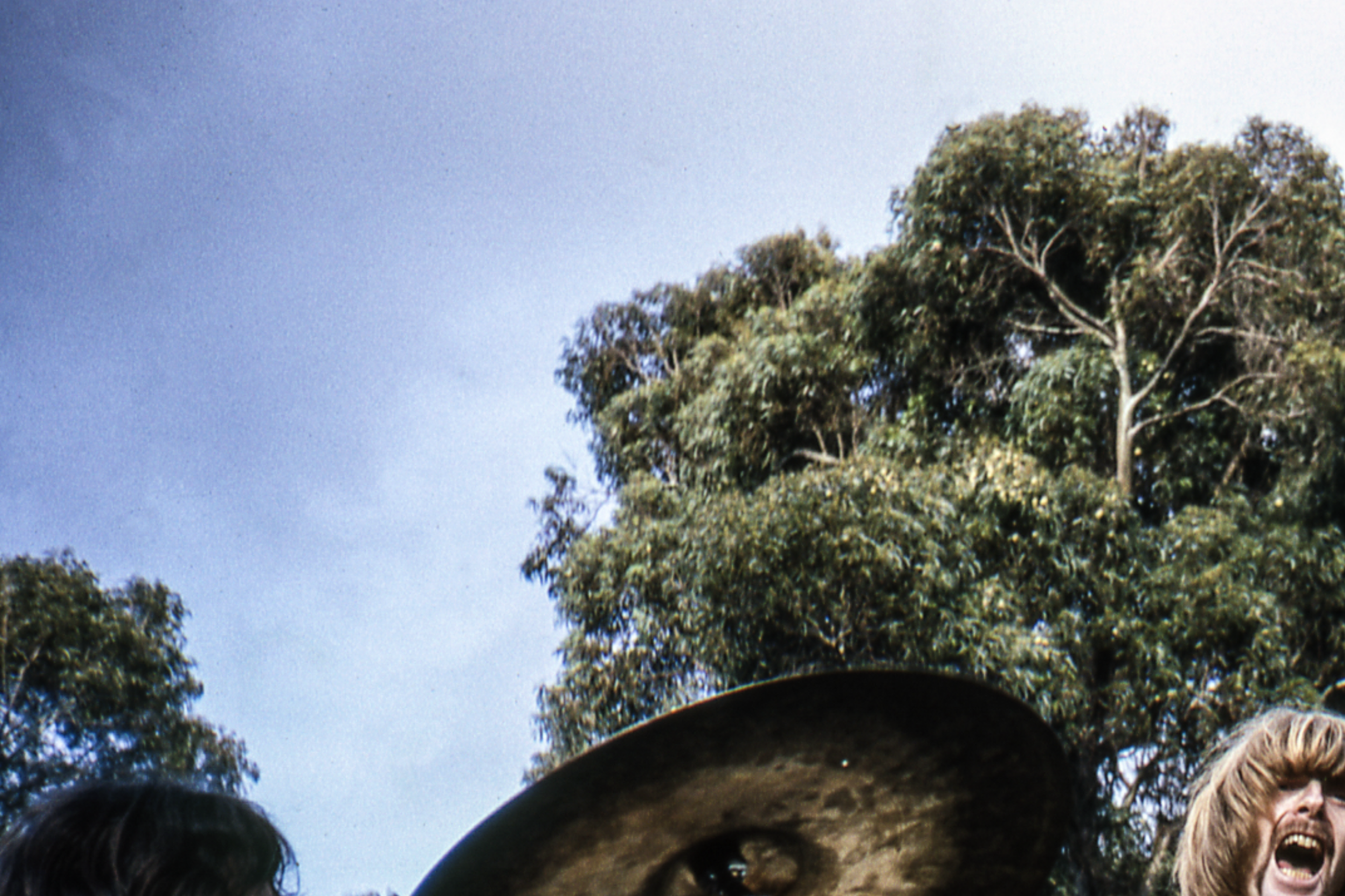 A band performs energetically outdoors, with a drummer, guitarist, and bassist in focus. Trees and a cloudy sky are in the background, and a crowd watches closely.